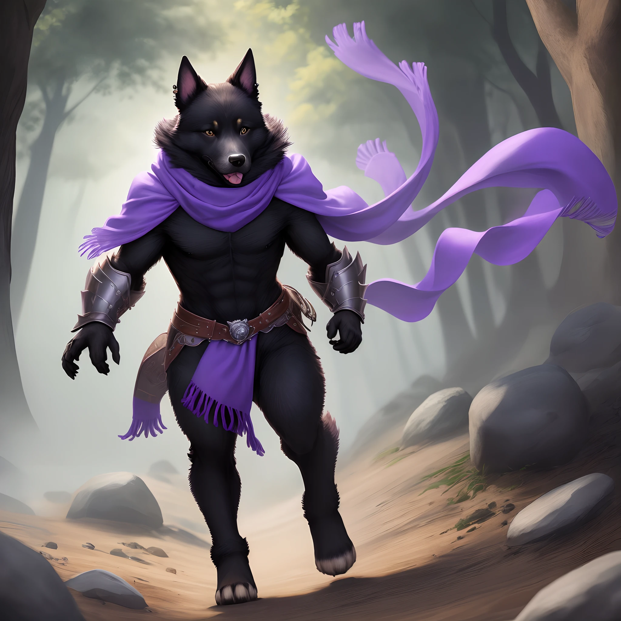 dog, bipedal, humanoid, black fur, purple fur, purple scarf, purple armor, light blue hand lyre, earring on the left side, cartoon style
