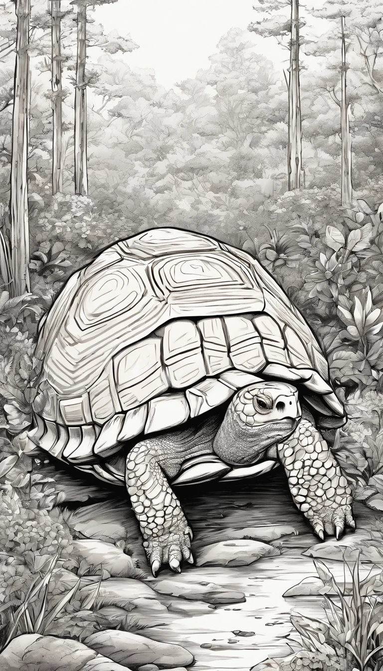 A commercial illustration with a good part in black, branco e verde-claro, There's a tortoise and a black and white hare in a track race, em uma floresta cheia de folhas na cor verde-claro, with stones and the floor with neutral colors, destacando-se no a tartaruga vencendo a corrida. A tartaruga tem um olhar muito fixo. The hare has a very light color and is right behind, The setting is a forest with an athletics track with a very rustic style. The forest is natural in its own way, com morro bem abaixo. The image should have a natural style with fine strokes and neutral colors, A touch of manga. A tartaruga deve ser retratada em detalhes, with his expression demonstrating strength and determination in his life. A imagem deve ser em preto e branco com alta qualidade, with a pencil and ink caricature drawing style, com cores neutras e leves. Certifique-se de que a tartaruga esteja vencendo o lebre com aspectos extremamente realistas, but not artificial, symbolizing happiness and hope in the face of life's challenges.", 16k