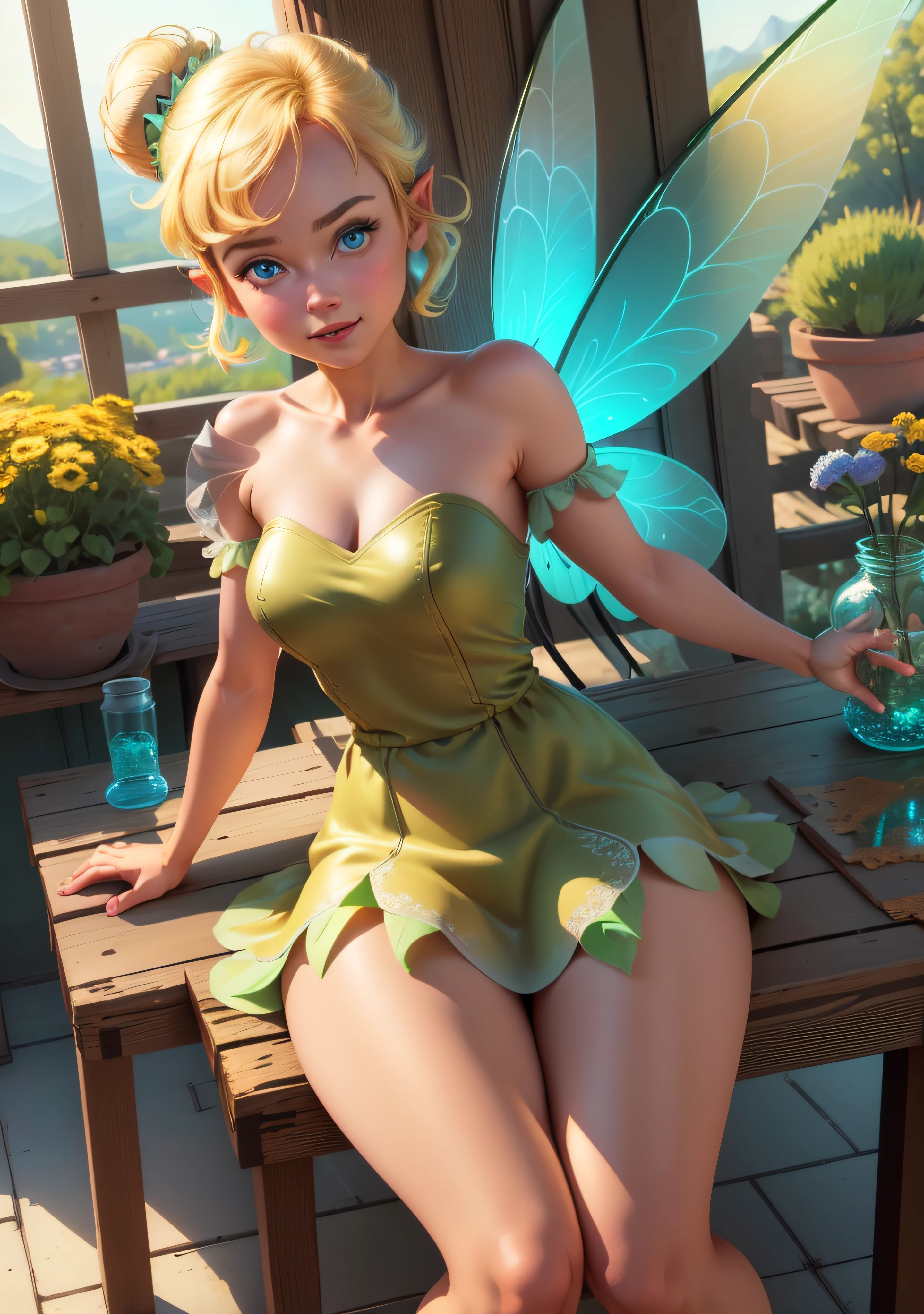 (TinkerWaifu:1), smile, cute, cute pose, looking at viewer, thick thighs, single hair bun, short hair, (strapless green dress:1), (fairy wings), sitting, (breast focus:1.2), from above, 
(realistic:1.2), (realism), (masterpiece:1.2), (best quality), (ultra detailed), (8k, 4k, intricate),(full-body-shot:1),(Cowboy-shot:1.2), (85mm),light particles, lighting, (highly detailed:1.2),(detailed face:1.2), (gradients), sfw, colorful,(detailed eyes:1.2),
(detailed ladscape, inside a glass jar:1.2),(detailed background),detailed landscape, (dynamic angle:1.2), (dynamic pose:1.2), (rule of third_composition:1.3), (Line of action:1.2), wide shot, daylight, solo,