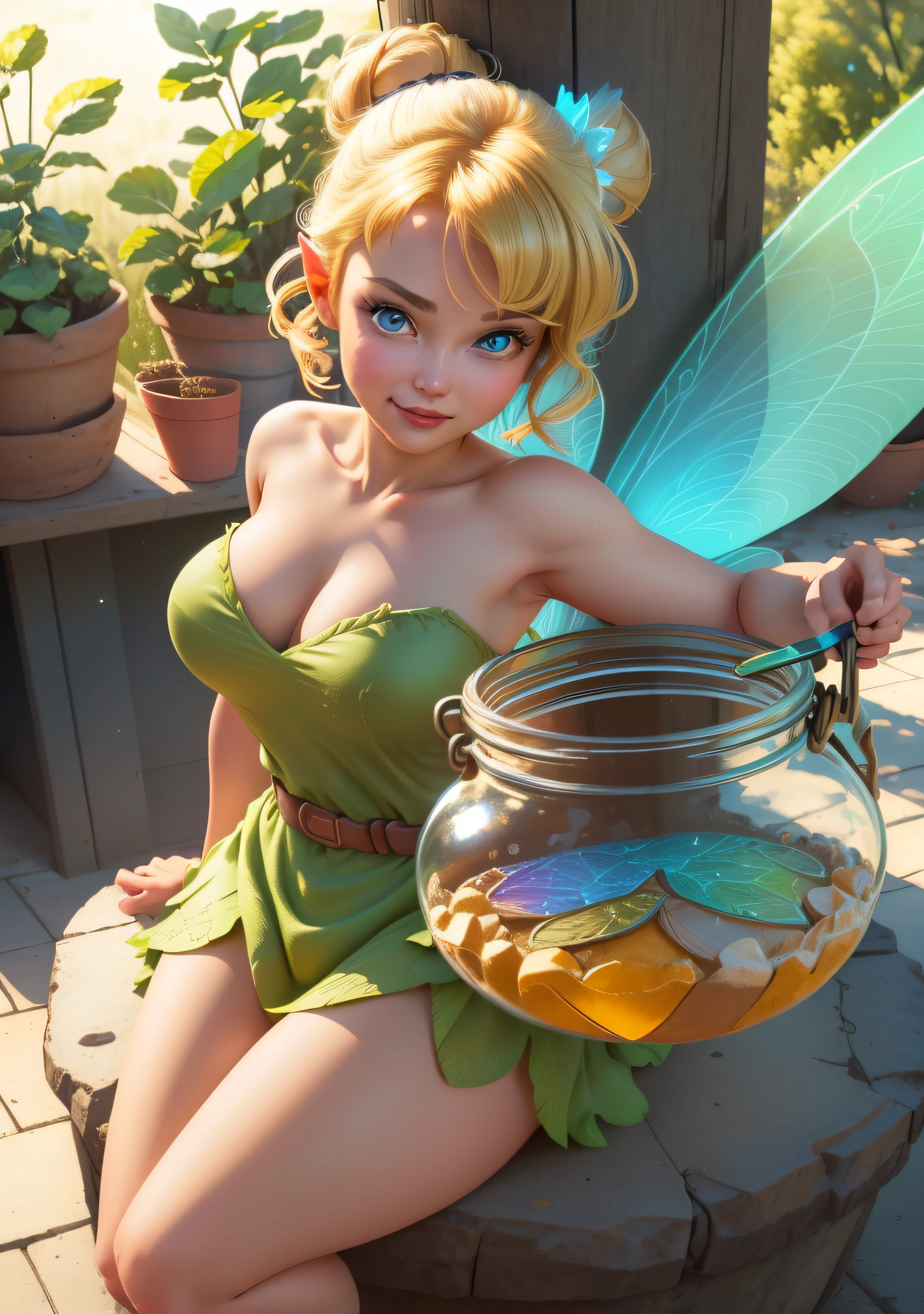 (TinkerWaifu:1), smile, cute, cute pose, looking at viewer, thick thighs, single hair bun, short hair, (strapless green dress:1), (fairy wings), sitting, (breast focus:1.2), from above, 
(realistic:1.2), (realism), (masterpiece:1.2), (best quality), (ultra detailed), (8k, 4k, intricate),(full-body-shot:1),(Cowboy-shot:1.2), (85mm),light particles, lighting, (highly detailed:1.2),(detailed face:1.2), (gradients), sfw, colorful,(detailed eyes:1.2),
(detailed ladscape, inside a glass jar:1.2),(detailed background),detailed landscape, (dynamic angle:1.2), (dynamic pose:1.2), (rule of third_composition:1.3), (Line of action:1.2), wide shot, daylight, solo,