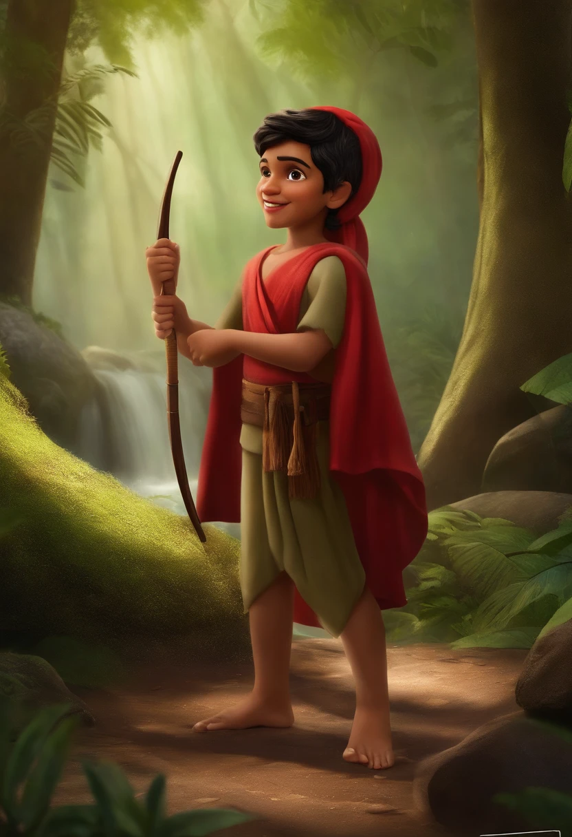 qualidade de imagem do filme,Disney Animation Style,An Indian boy in a red headdress in the forest with his bow pointing at the invader, tomando banho na cachoeira, cabelo preto curtinho liso e detalhado,um corpo nu apenas fio dental,bare feet,profundidade de floresta,Feixe alto,Luz Real,Traching de raias,OC rendering,hyper-realistic,melhor qualidade,8k,Obras de mestres,super-fino,Anatomia correta definida,sharp focus on eyes,Bokeh,Facial features are carefully described, red scenery, Sambadrome