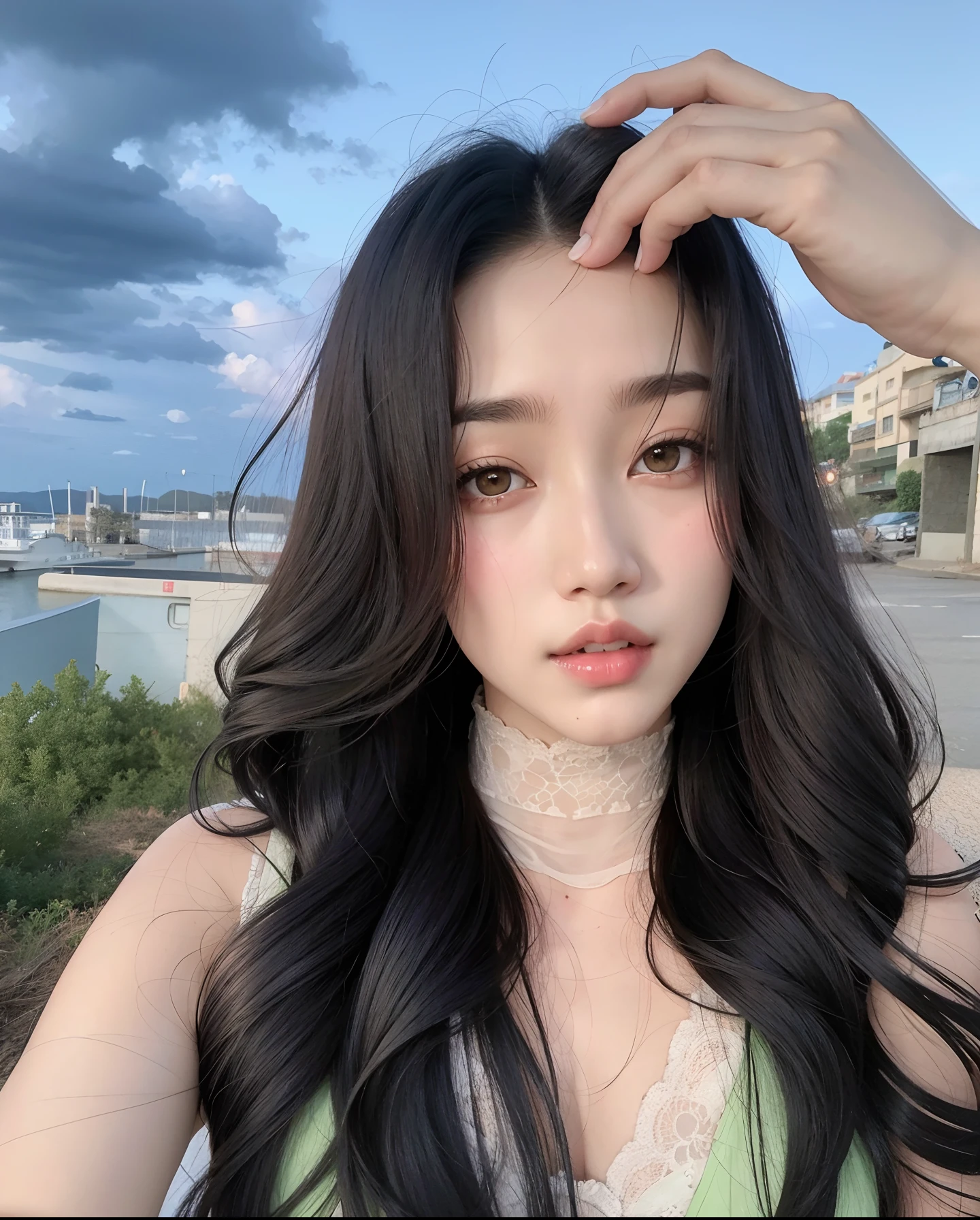 Un primer plano de una mujer con el pelo largo y negro y un vestido verde, ulzzang, Chica coreana, Hermosa mujer surcoreana, Asian girl with long hair, con el pelo largo, Hermosa joven coreana, Xintong Chen, Hermosa joven coreana, cruel korean goth girl, con cabello largo y ojos penetrantes, dilraba dilmurat, beautiful asian girl