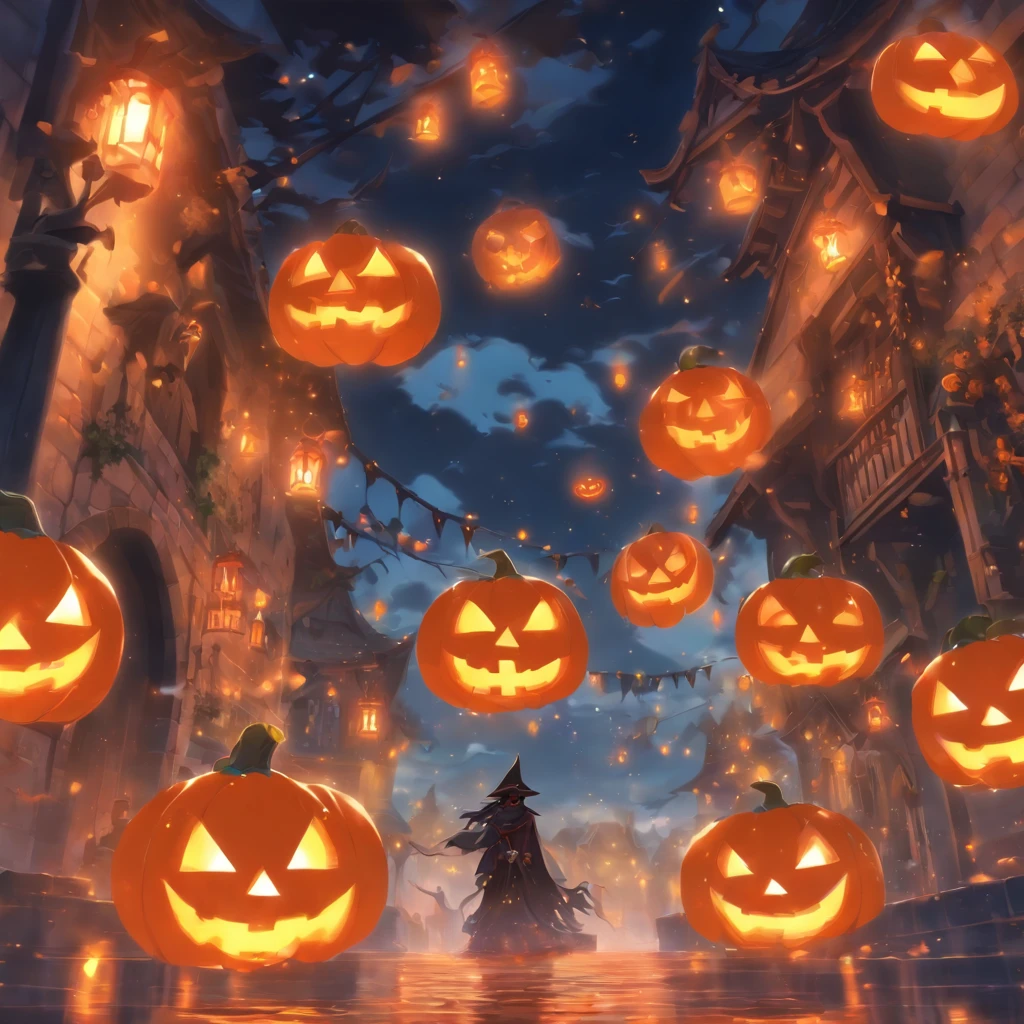 Halloween Floating Lights, no human figures,Cinematic light and reflection, glowing lights, Intermediate metaverse elements,Digital Painting, Glowing reflections, pondering, Halloween Jack-o'-lantern, calm night, Digital Illustration, Beautiful atmosphere, Skylight at night, Calm evening atmosphere, Jack-o'-lantern, Halloween, the night, themoon, The game scene, Halloween, Surrounded by clouds, Buildings in medieval Europe, glazed tiles, ue, gorgeous colors, There are three arches in the foreground((color ink)), ( (Splash ink ) ), ((Splash ink) inky})), tmasterpiece, high quarity, Beautiful graphics, high detal