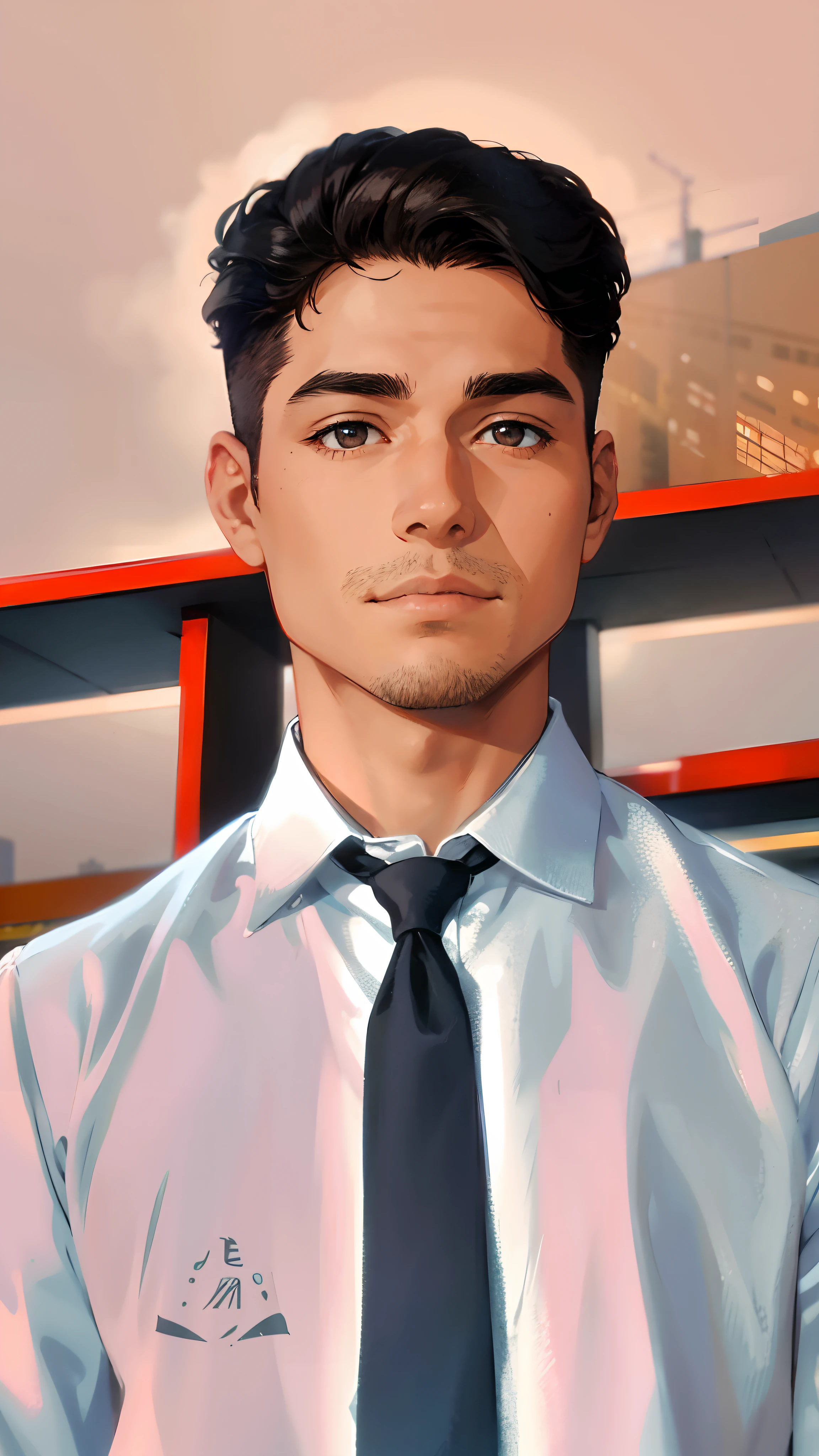 A handsome man with short brown hair and black eyes in the city, upper body, solo