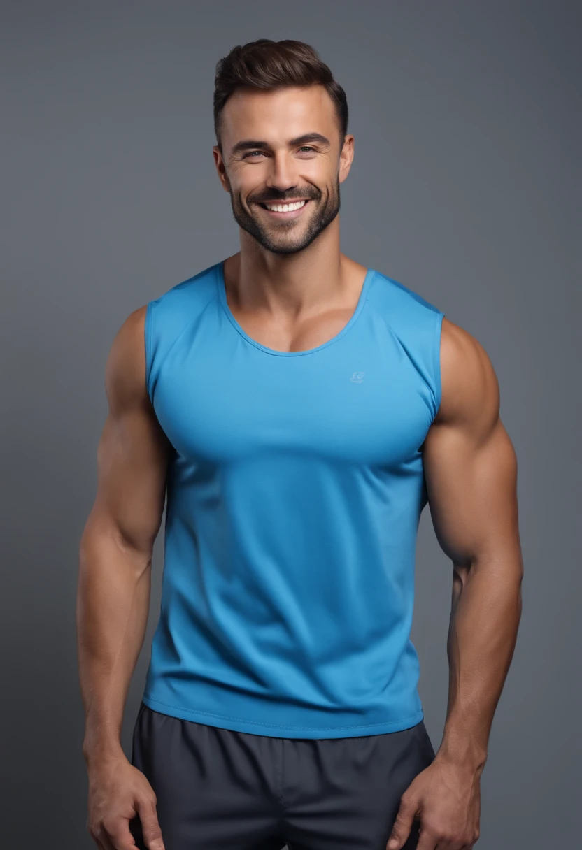 Handsome sexy man in blue swimwear posing in studio. Smiling attractive guy with six pack abs at grey background. Naked bodybuilder with oily body.