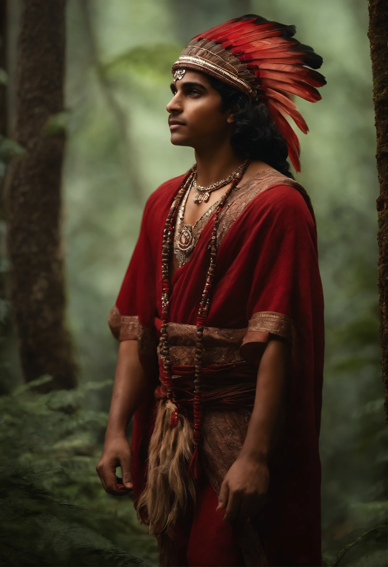 qualidade de imagem do filme，Disney Animation Style，An Indian boy in a red headdress in the forest with his bow pointing at the invader, tomando banho na cachoeira, cabelo preto curtinho liso e detalhado，um corpo nu apenas fio dental，bare feet，profundidade de floresta，Feixe alto，Luz Real，Traching de raias，OC rendering，hyper-realistic，melhor qualidade，8k，Obras de mestres，super-fino，Anatomia correta definida，sharp focus on eyes，Bokeh，Facial features are carefully described, red scenery, Sambadrome