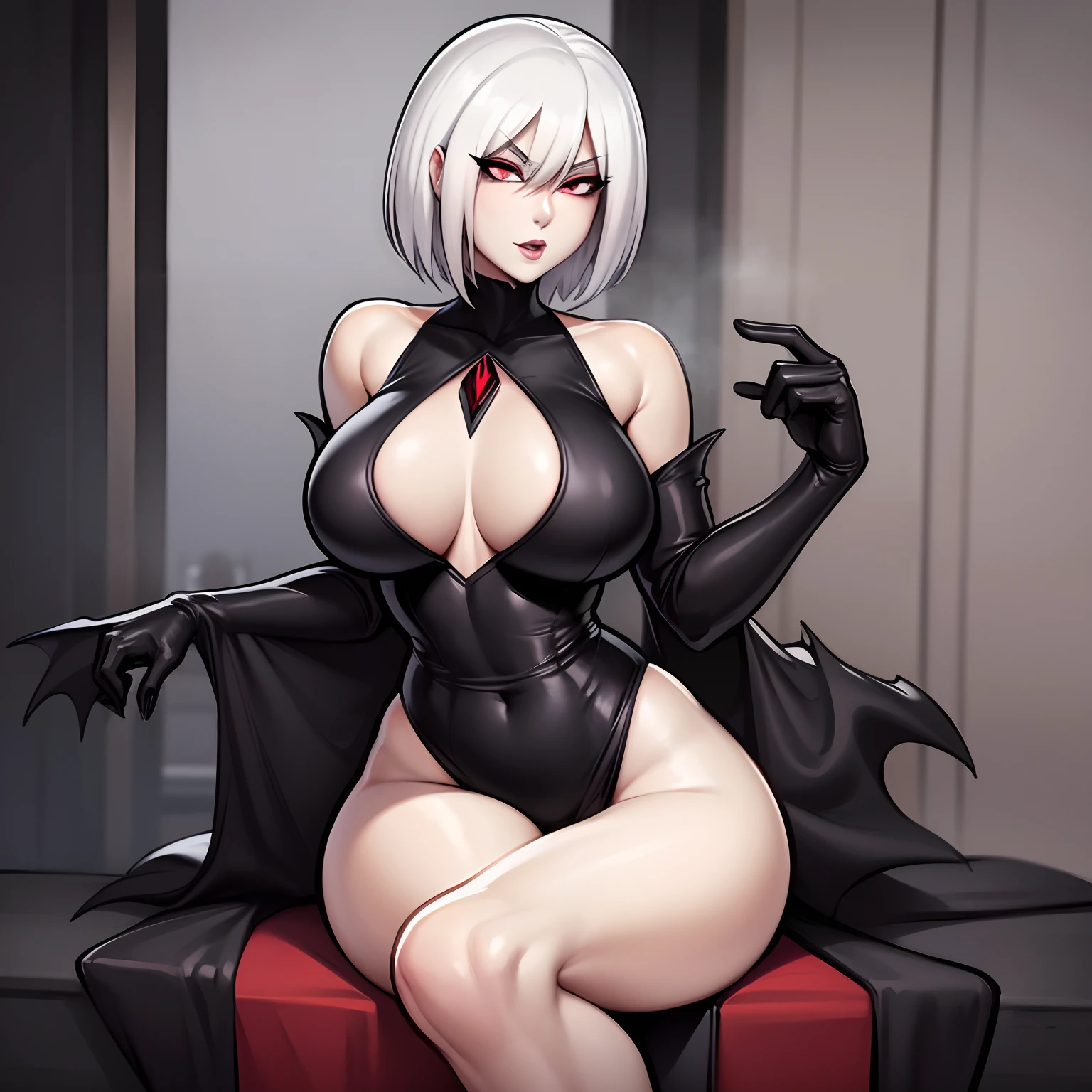 ((Solo)) Vampire girl with short white hair, (red eyes), ((wearing a black dress)), wearing gloves, Anime style 4K, large chest, curvy hips, long legs, detailed eyes, ((sitting)), on a throne