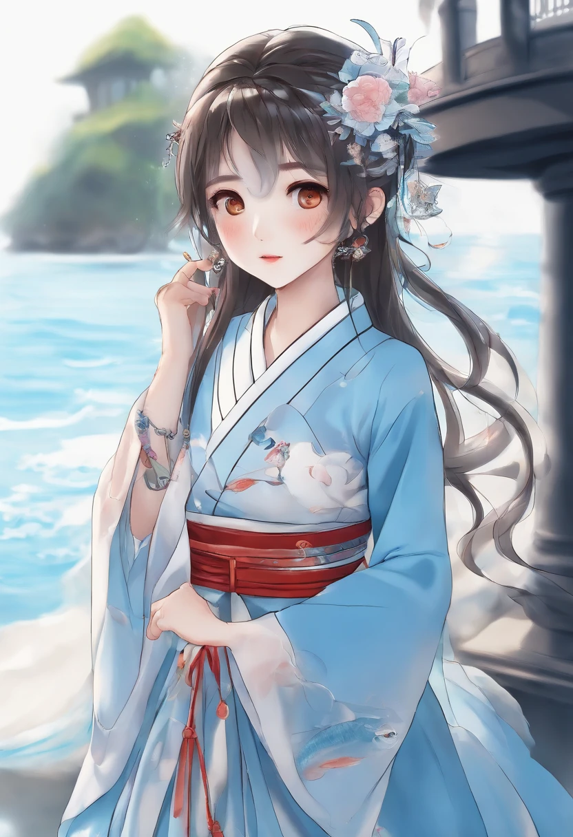one-girl,Wearing a fishtail skirt Hanfu,with brown eye