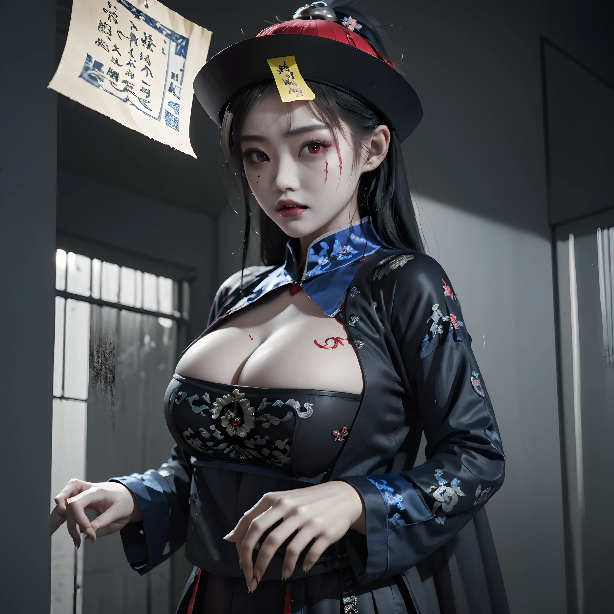 ((masterpiece)),((Best Quality)), 32k HDR, Ultra-detailed, intricate detail, Cyberpunk, ((1girl in:1.2)), Jiangshi girl Costume, Dressed as Jiang Shi in a futuristic office corridor, (Huangfu paper on the head:1.3), Solo, (abandoned hut:1.2, in China), (ominous vibe), (Spooky environment), Detailed depiction of Jiang Shi girl with a Huangfu paper on her head, (creepy pose:1.1), (Spooky lighting), Visual effects with motion blur and spooky elements, huge breasts, huge tits, huge boobs,