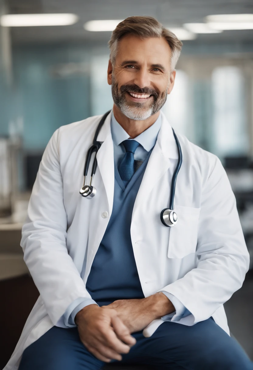 men 35 years,holding tablet, white coat, stethoscope around neck, medical office, sitting, looking straight at the camera, slight smile