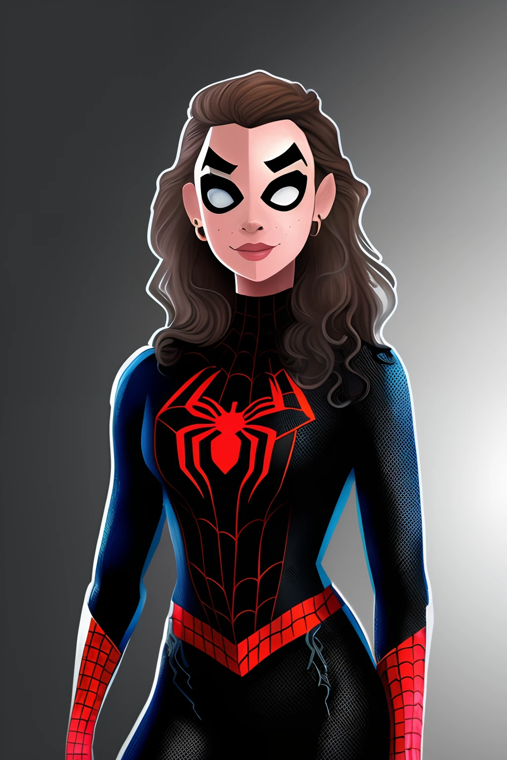 Spider-Bat woman, fully black spider-man costume with metal armor on the chest with Batman logo printed on the metal, baggy black pants and a black belt with several fighting tools, black tight long cape. Tanned skin, medium chubby body, black short long messy wavy hair, messy eyeliner black eyes with long eyelashes, circles earrings, plump lips with black lipstick, Spider-Man across the spider verse drawing style.