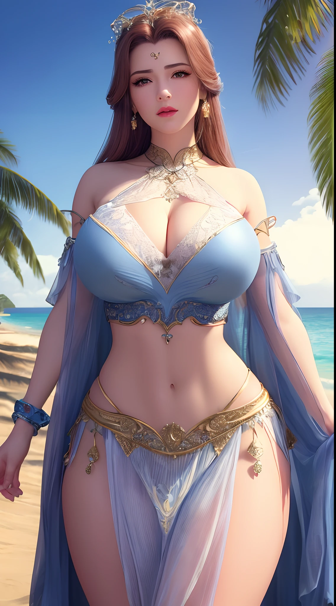 (Best quality, 4k, Masterpiece :1.3), mature pretty woman, hyper realistic, ultra-detailed face, detailed lips, full lips, detailed eyes, double eyelid, wearing only (((breast curtain))) and loincloth, underboob, wide hips, thick thighs, midriff showing, smooth skin, round breasts, symmetrical breasts, fake breasts, standing, beach