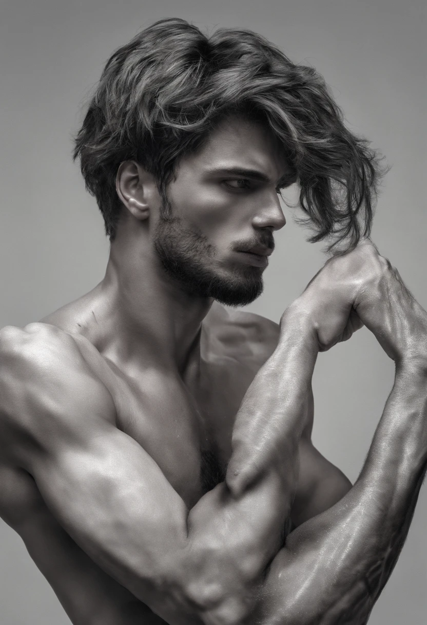 Profile of male model with holding his head by two arms at dark background