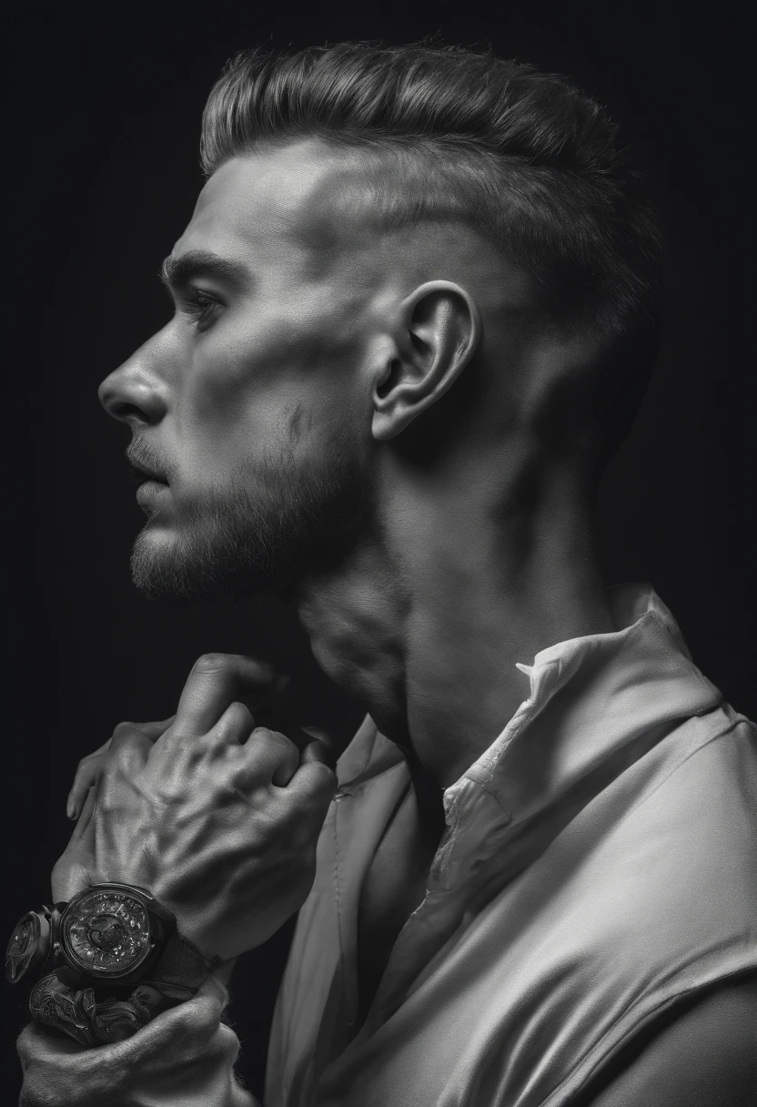 Profile of male model with holding his head by two arms at dark background