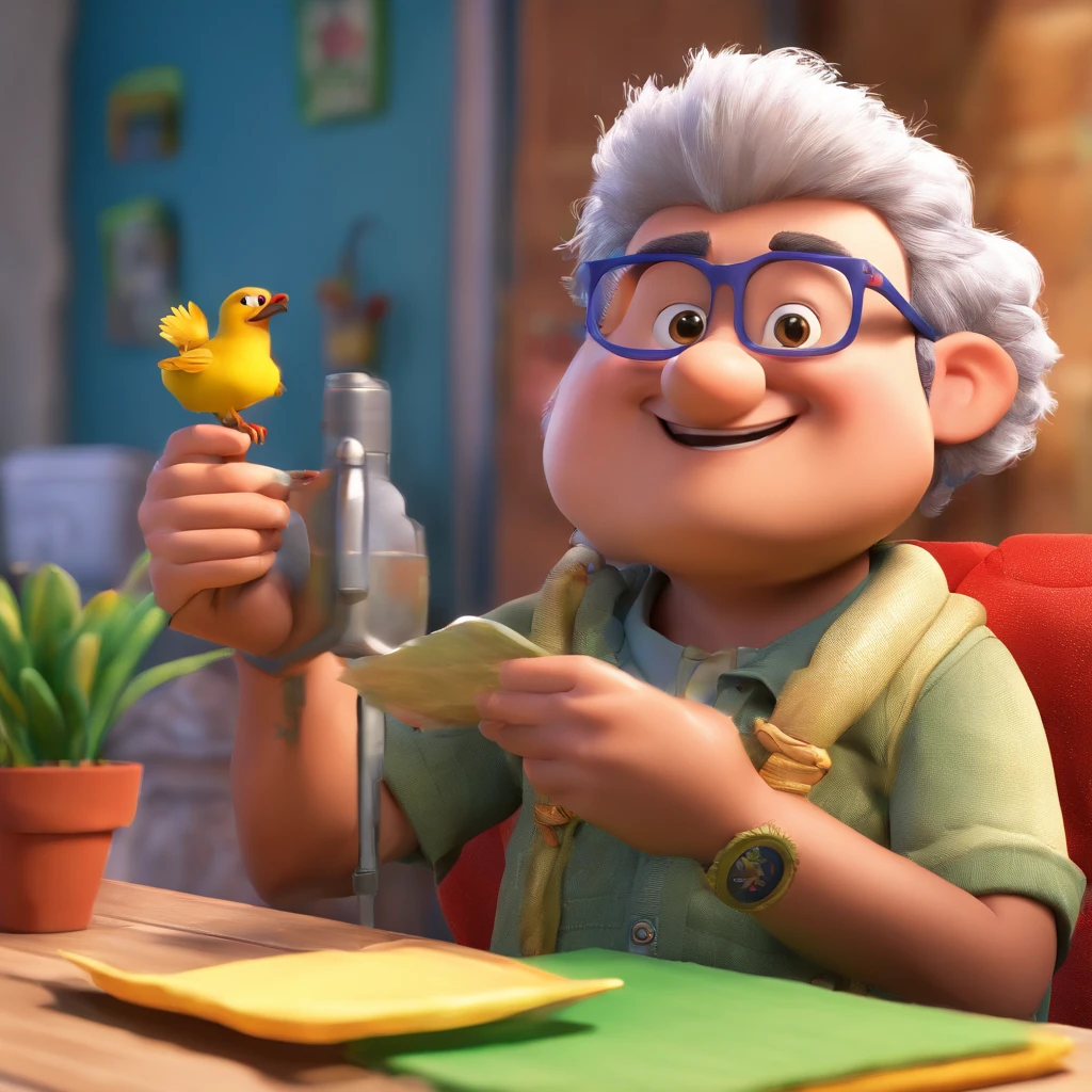 Crie um cartaz inspirado na Disney Pixar com o personagem sendo o deputado Keniston Braga, A white-haired man wearing glasses, the scene will be in Pixar's distinctive digital art style. Focus on character expressions, Vibrant colors and detailed textures present your animations, with the title " Keniston Braga no meio, Quero a cena dos principais filmes do PIXar