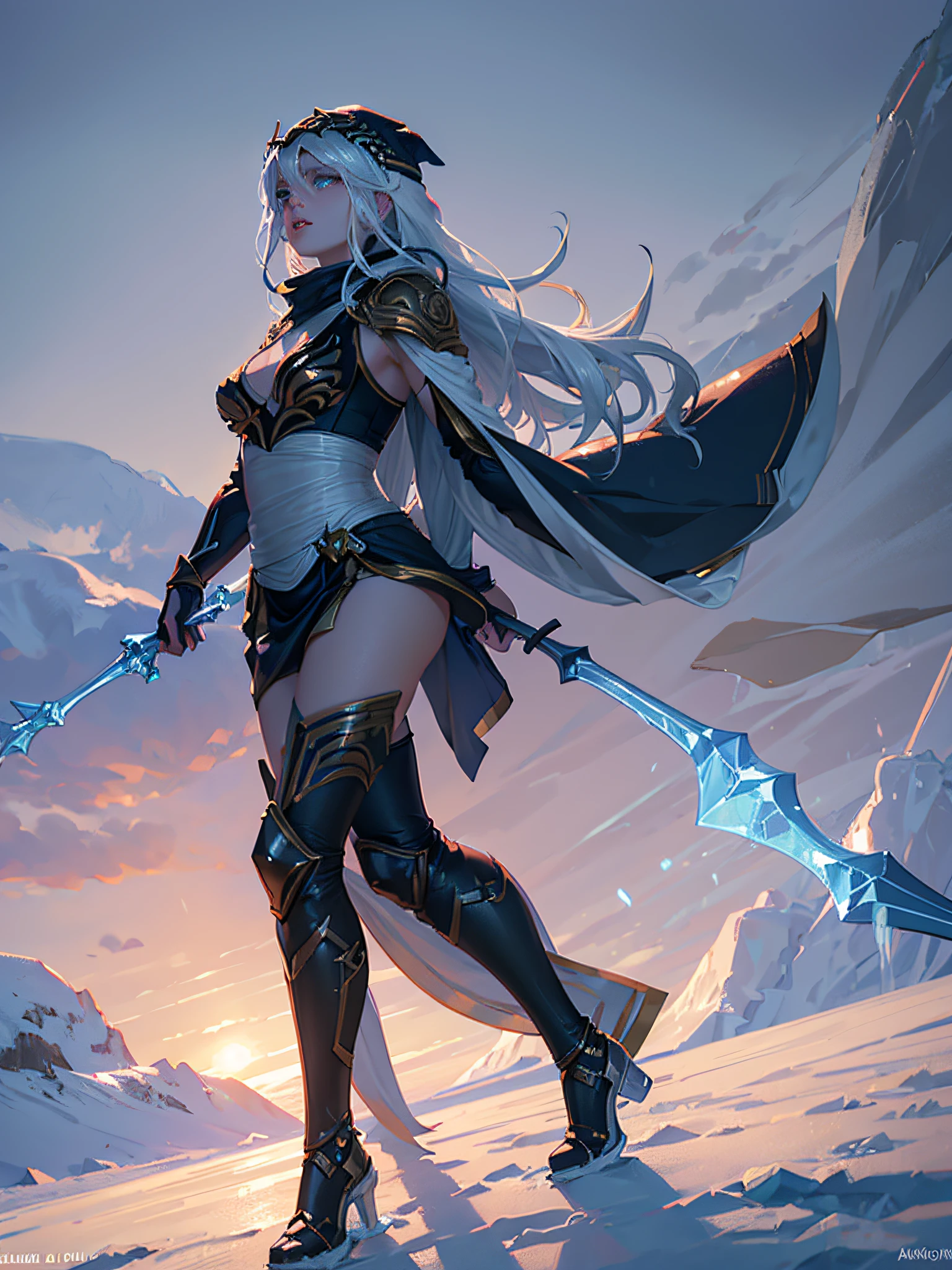 Ashe (((holding only an ice bow))), long moving sideburns, bright ocean blue eyes, place with lots of snow and snowy mountains, perfect and luminous skin, small pink lips, full body, big ass, thick thighs, {extremely detailed 16k CG unit wallpaper}, expansive landscape photography, (a low view focusing on the character and setting), (wide open field view), (low angle shot), (high light : 1.2), (low light: 1.4), (warm light source: 1.2), complex details, (iridescent colors: 1.0), (bright lighting), (atmospheric lighting), dreamy, aesthetic,