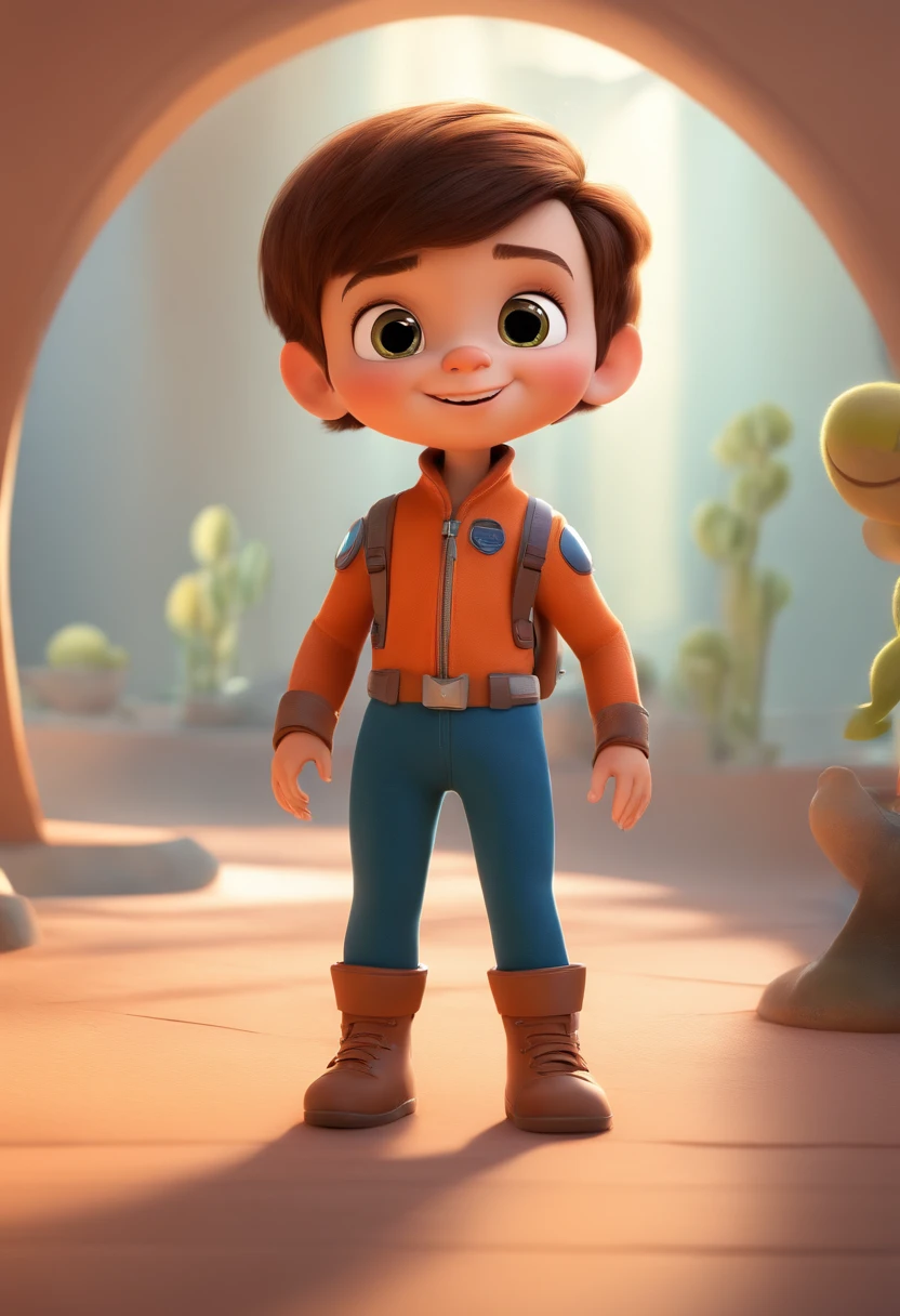 a happy cute ??? standing short hair, vestindo uma fantasia espacial, , fundo branco, barnet, Tom, Estilo Pixar, ....3d, desenhos animados, rosto detalhado, asymmetrical 16k
