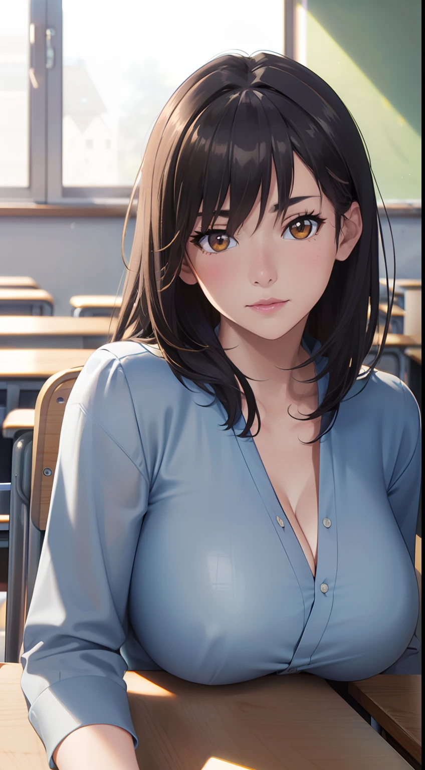 professional artwork, Intricate Details, field of view, sharp focus, detailed painting, photorealistic lighting, trending on pixiv,(masterpiece:1.0),(best_quality:1.0), ultra high res, ultra-detailed, photography, 8K, HDR, highres, absurdres:1.2, Kodak portra 400, film grain, sharp focus, bokeh:1.2, lens flare, (vibrant_color:1.2), (((indoors, classroom, classroom details, sitting on chair, perfect anatomy sitting, leaning to table))),
female mature, black hair, long hair, yellow eyes, large breasts, japanese student, student outfit, formal, hair intakes, 35yo,mature female,Beautiful Finger,Beautiful long legs,Beautiful body,Beautiful Nose,Beautiful character design, perfect eyes, perfect face, looking at viewer, official art,extremely detailed CG unity 8k wallpaper, (Beautiful,large_Breasts:1.4), (beautiful_face:1.5),(narrow_waist), (solo:1.4), (upper body, half body shot),