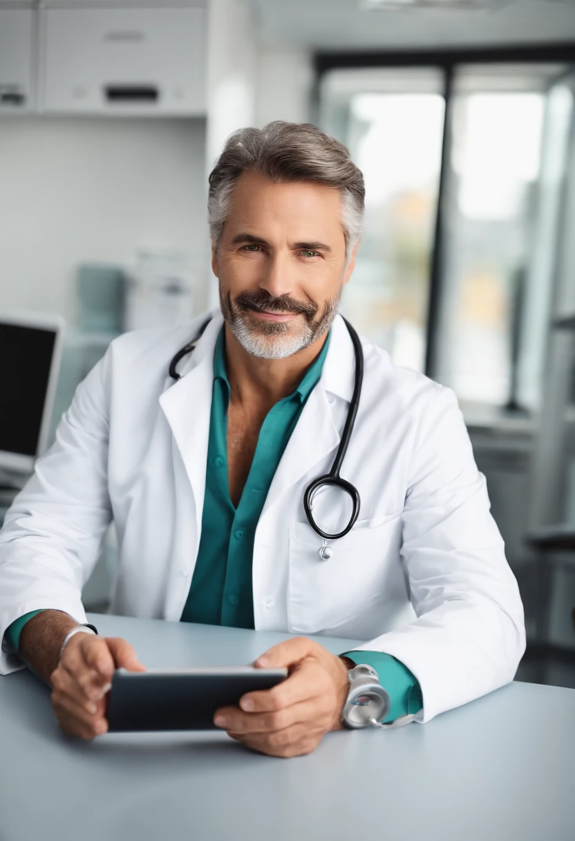 men 35 years,holding tablet, white coat, stethoscope around neck, medical office, sitting, looking straight at the camera