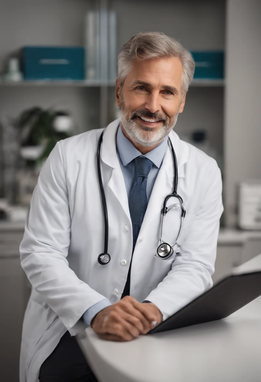 men 35 years,holding tablet, white coat, stethoscope around neck, medical office, sitting, looking straight at the camera, slight smile