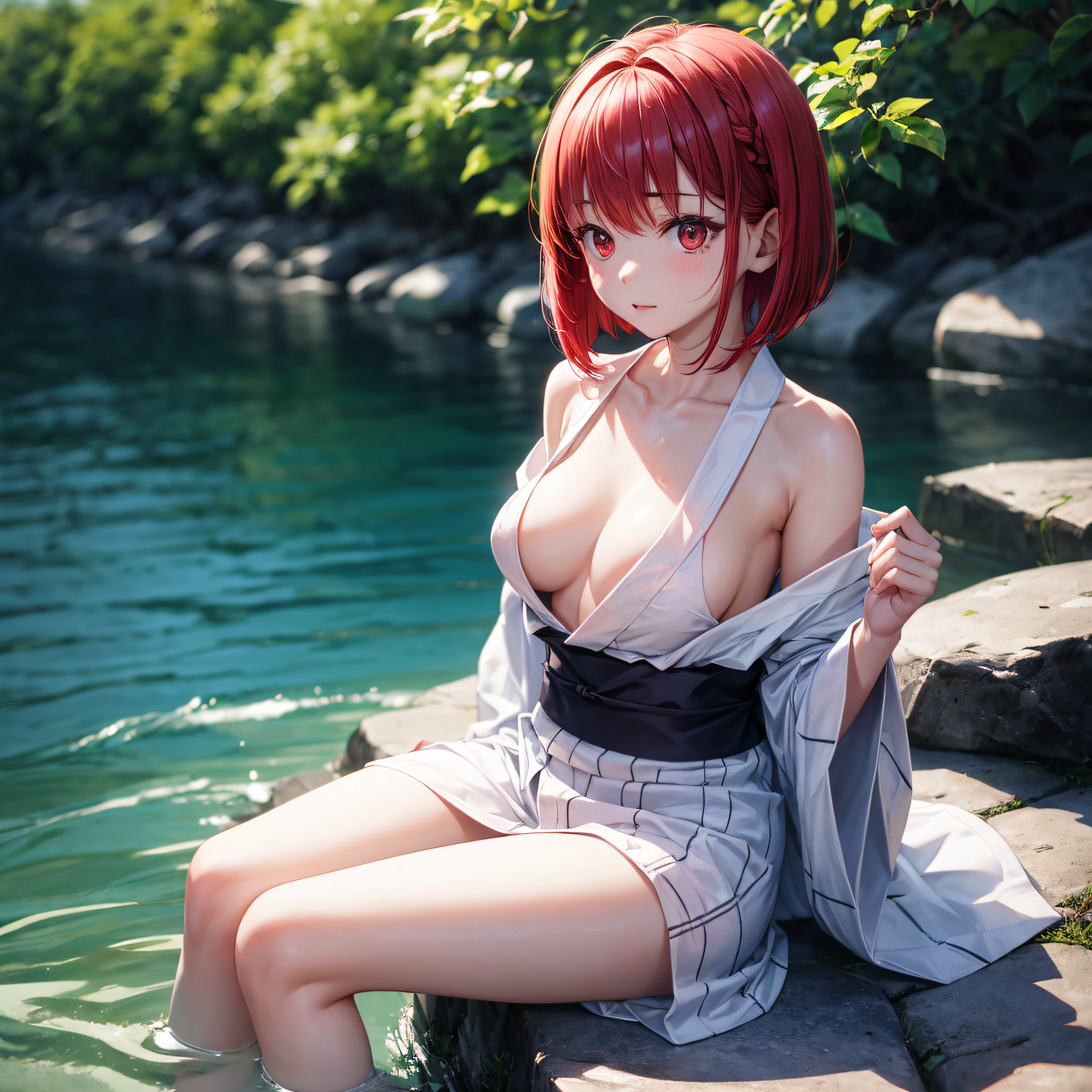 realisitic、top-quality、Sit by the river、((One Woman:1.5))、red hairs、shorth hair、a short bob、Red Eyes、Medium chest、Pale white yukata、barechested、Open your clothes、exposed breast、teats