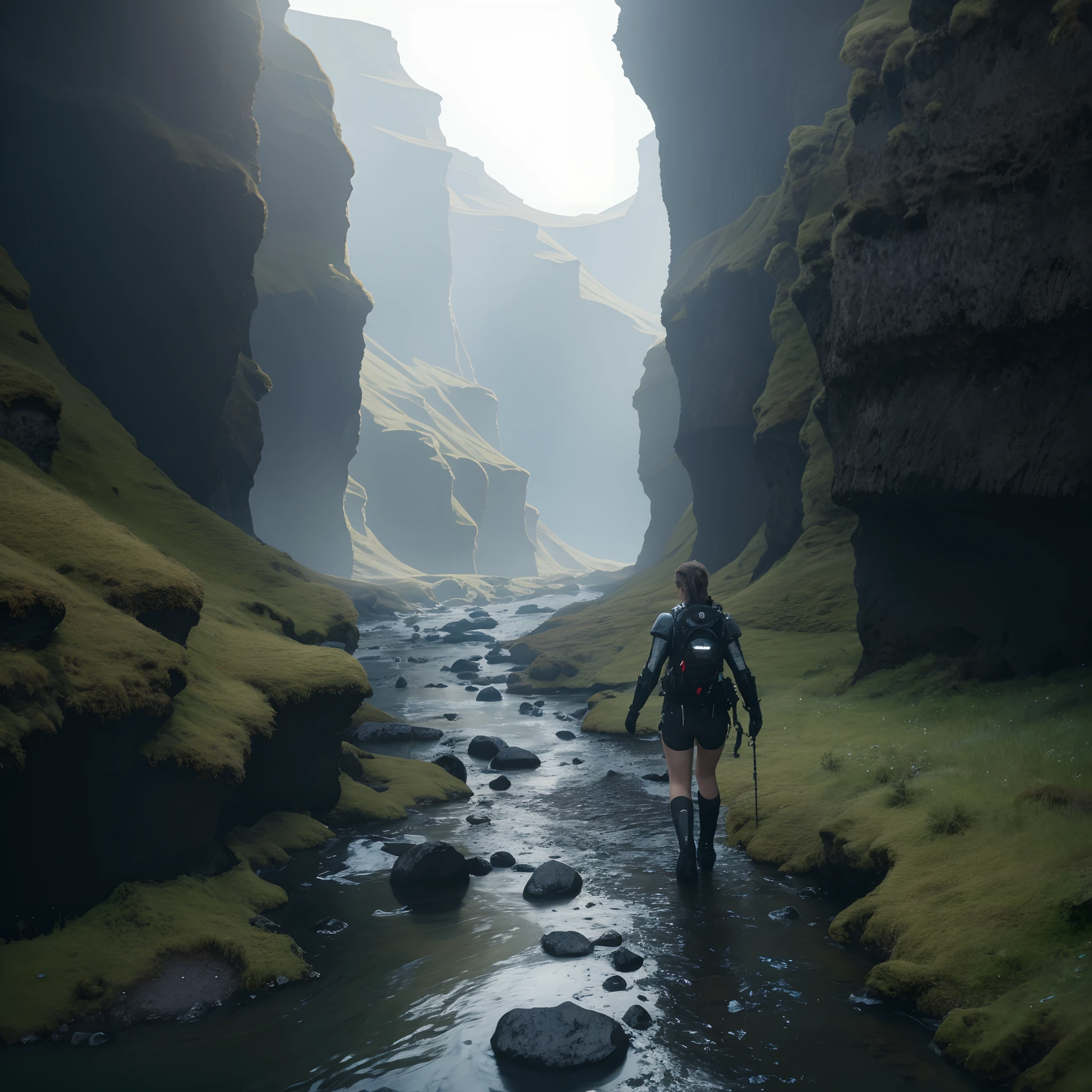 Several people walked on the path through the narrow canyon, sci-fi of iceland landscape, icelandic valley, adventure hyper realistic render, most epic landscape, girl walking in a canyon, wanderers traveling from afar, max rive, 8k matte painting, 8 k matte painting, 8k hdr movie still, 8 k hdr movie still, 4 k matte painting