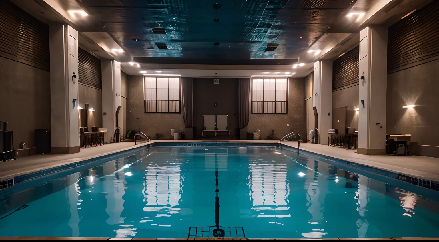 The background of the movie set where the crew works, films, Volumetric lighting, 8K, (((wide  shot))), flight attendant, actor, Pool Background, Realistis, a photo of, movie shot, There are no people, Nobody, Cameras and Lights, swimming pool,