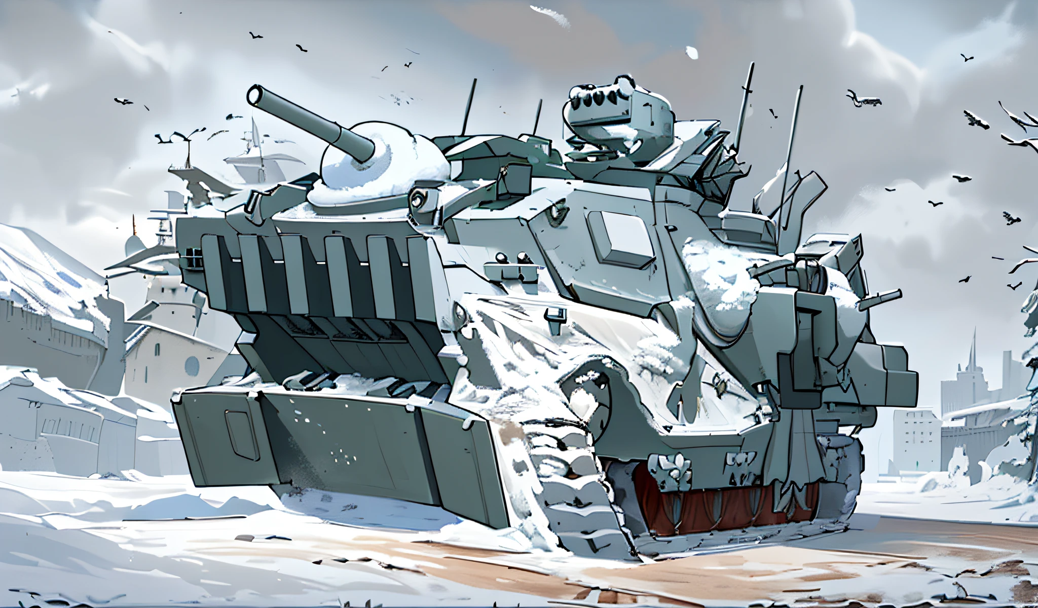 tmasterpiece,best qualtiy,perfect detail,snowy day,Open-air military base,A mobile fortress tank was parked at the base,Surrounded by buildings