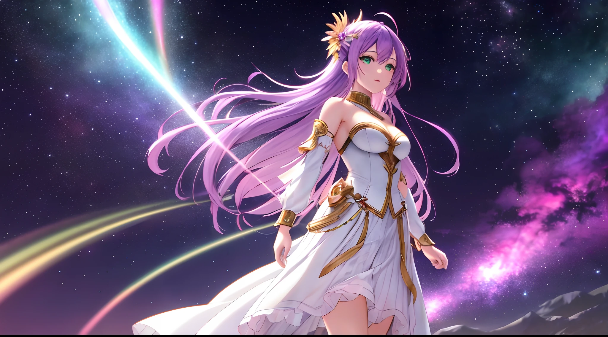 Athena with plain long light purple hair,hair between eyes,green eyes,rosy cheeks,full lips,thin eyebrows,slender body,wearing dark mantle adorned with shimmering stars and moons and full long skirt,cute anime girl,full body,desert night sky nebulae and stars in background,anime style,Lumen Reflections,Screen Space Reflections,Diffraction Grading,Chromatic Aberration,GB Displacement,Scan Lines,Ray Traced,Anti-Aliasing,FXAA,TXAA,RTX,SSAO,Shaders,OpenGL-Shaders, GLSL-Shaders,Post Processing,Post-Production,cell Shading,Tone Mapping,CGI,VFX,SFX,insanely detailed and intricate, 4K,standing, solo, masterpiece, best quality, detailed face, detailed eyes, highres, standing, solo,masterpiece, best quality