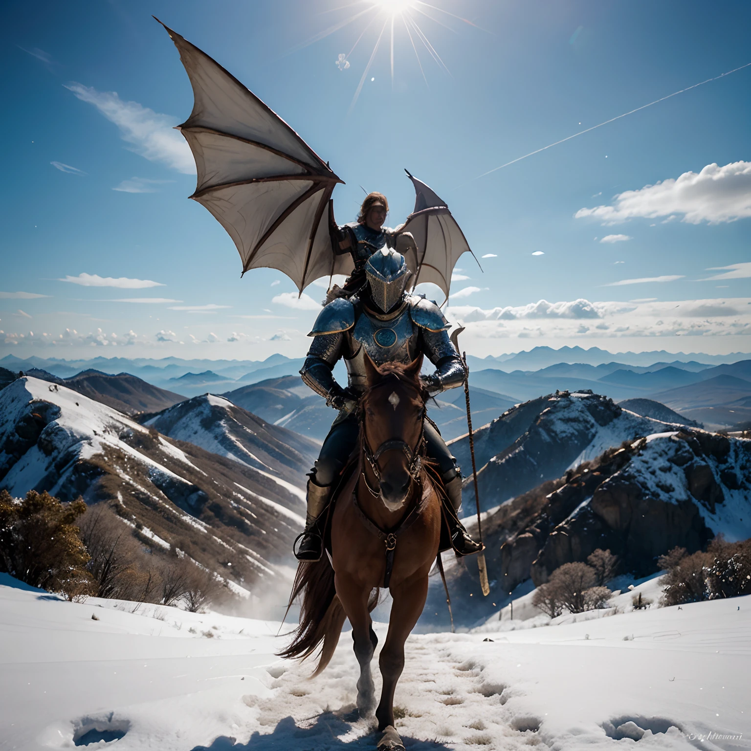 "Por favor, Create an image in the style of epic fantasy art that depicts a knight riding a majestic winged dragon, Flying over a magical landscape. O cavaleiro deve estar em uma armadura brilhante e empunhar uma espada reluzente. The dragon must be imposing, com escamas brilhantes e asas poderosas. Abaixo, na terra, There will be a kingdom of castles, florestas encantadas e montanhas cobertas de neve. The image should convey the feeling of an epic and wonderful adventure."