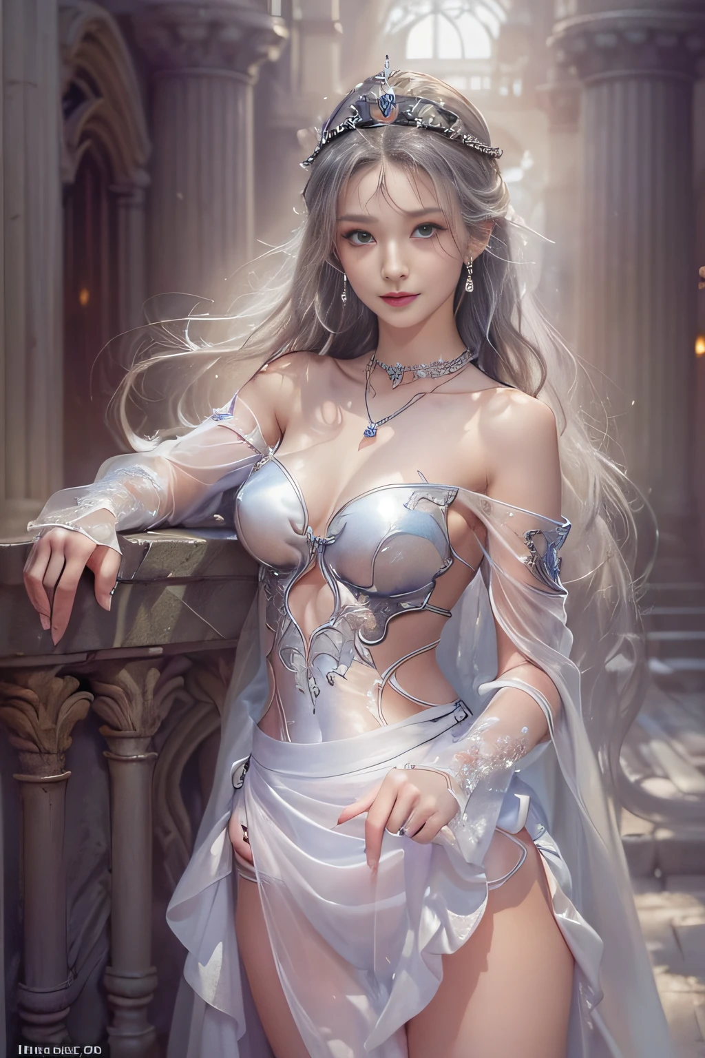 ((tmasterpiece:1.4)、(top-quality:1.4)、(reallistic:1.7))、By Luis Royo（By Luis Royo）Surreal portrait of a beautiful girl、Super beautiful girl、((1girl in:1.4))、Shiny natural skin texture、(The Queen's Gorgeous Costume)、((Sheer off-the-shoulder white one-piece mini skirt type:1.4))、((up skirt)),Authors：By Luis Royo（By Luis Royo）、age19、(Two arms:1.4、Two legs:1.4)、(perfect anatomia:1.4)、(Perfect female body:1.4)、Portrait photo of a girl、Close-up photos、Upper body photography、Fantasyart、Soft front light、Beautiful expression、kawaii faces、Beautiful udder、large full breasts:1.2、Beautiful ass、A detailed eye、Clearly eye-catching, beautiful and alluring、beautidful eyes、Narrow waist、Raw photo、red rip、Arrange your long hair as cool as a queen、(tiara crown:1.4、choker necklace:1.4、a necklace:1.4、耳Nipple Ring:1.4)、1 screen display、((In front of the city walls、Woman standing in front of bench)),((Translucent off-shoulder white dress))、((A smile)),((posterior view))、((Looks Back))、((White T-back panties visible)),((erection)),