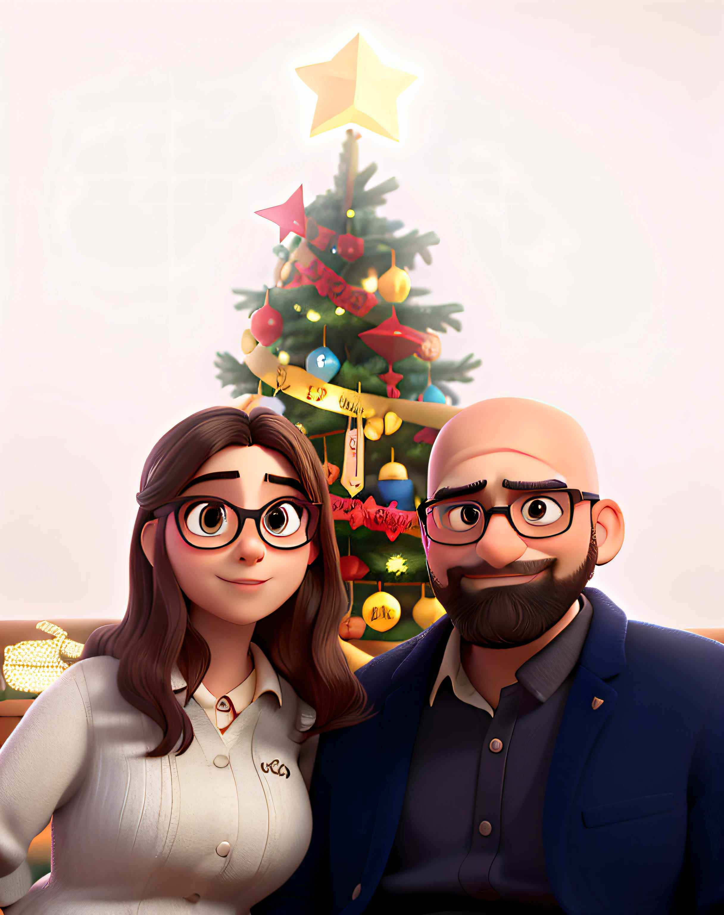 Young couple consisting of a bald man with beard and reading glasses ,mulher jovem com sardas estilo disney pixar, alta qualidade , melhor qualidade