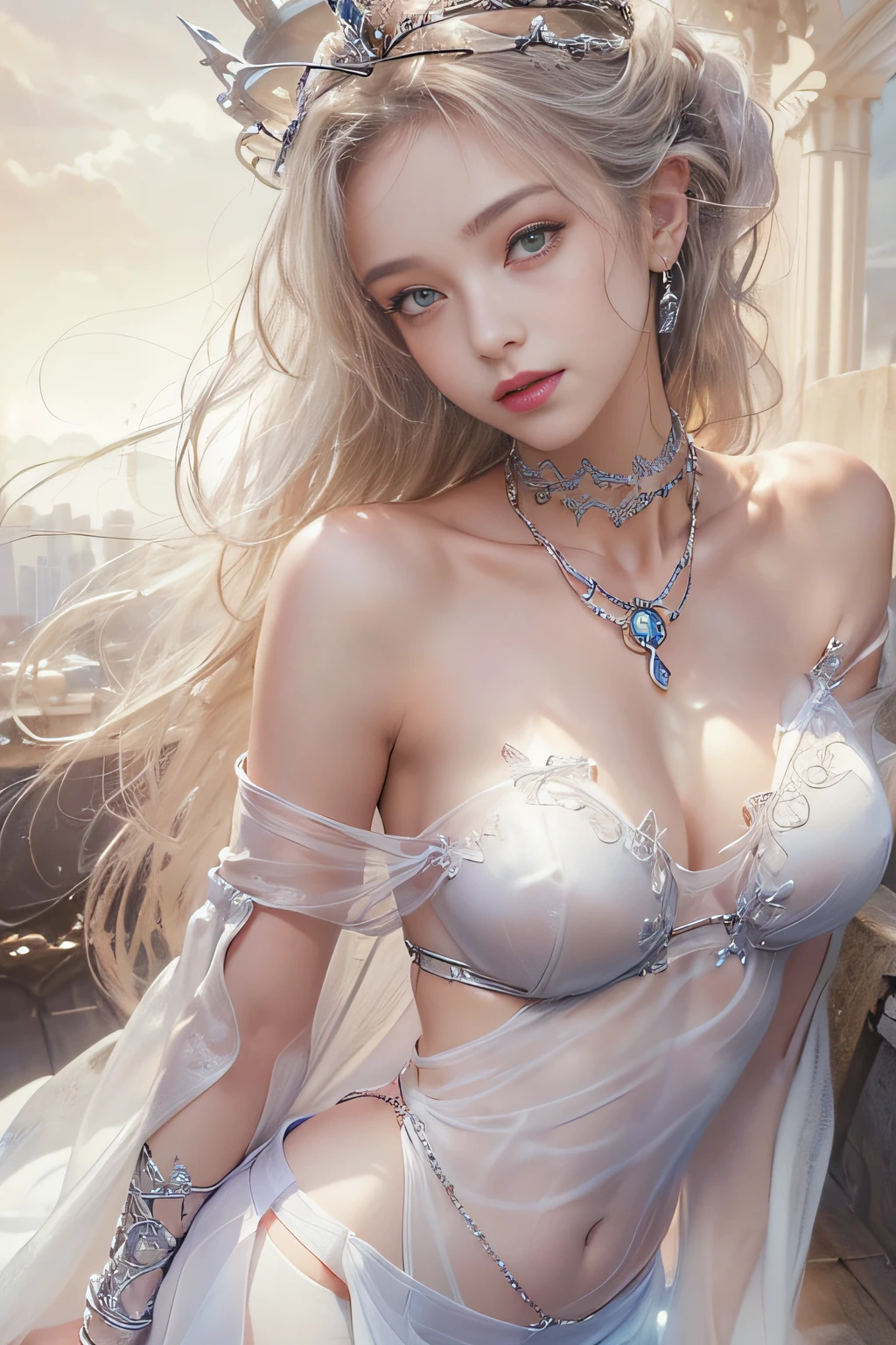 ((tmasterpiece:1.4)、(top-quality:1.4)、(reallistic:1.7))、By Luis Royo(By Luis Royo)Surreal portrait of a beautiful girl、Super beautiful girl、((1girl in:1.4))、Shiny natural skin texture、(The Queen's Gorgeous Costume)、((Sheer off-the-shoulder white one-piece mini skirt type:1.4))、((up skirt)),Authors:By Luis Royo(By Luis Royo)、age19、(Two arms:1.4、Two legs:1.4)、(perfect anatomia:1.4)、(Perfect female body:1.4)、Portrait photo of a girl、Close-up photos、Upper body photography、Fantasyart、Soft front light、Beautiful expression、kawaii faces、Beautiful udder、large full breasts:1.2、Beautiful ass、A detailed eye、Clearly eye-catching, beautiful and alluring、beautidful eyes、Narrow waist、Raw photo、red rip、Arrange your long hair as cool as a queen、(tiara crown:1.4、choker necklace:1.4、a necklace:1.4、耳Nipple Ring:1.4)、1 screen display、((In front of the city walls、Woman standing in front of bench)),((Translucent off-shoulder white dress))、((A smile)),((posterior view))、((Looks Back))、((White T-back panties visible)),((erection)),