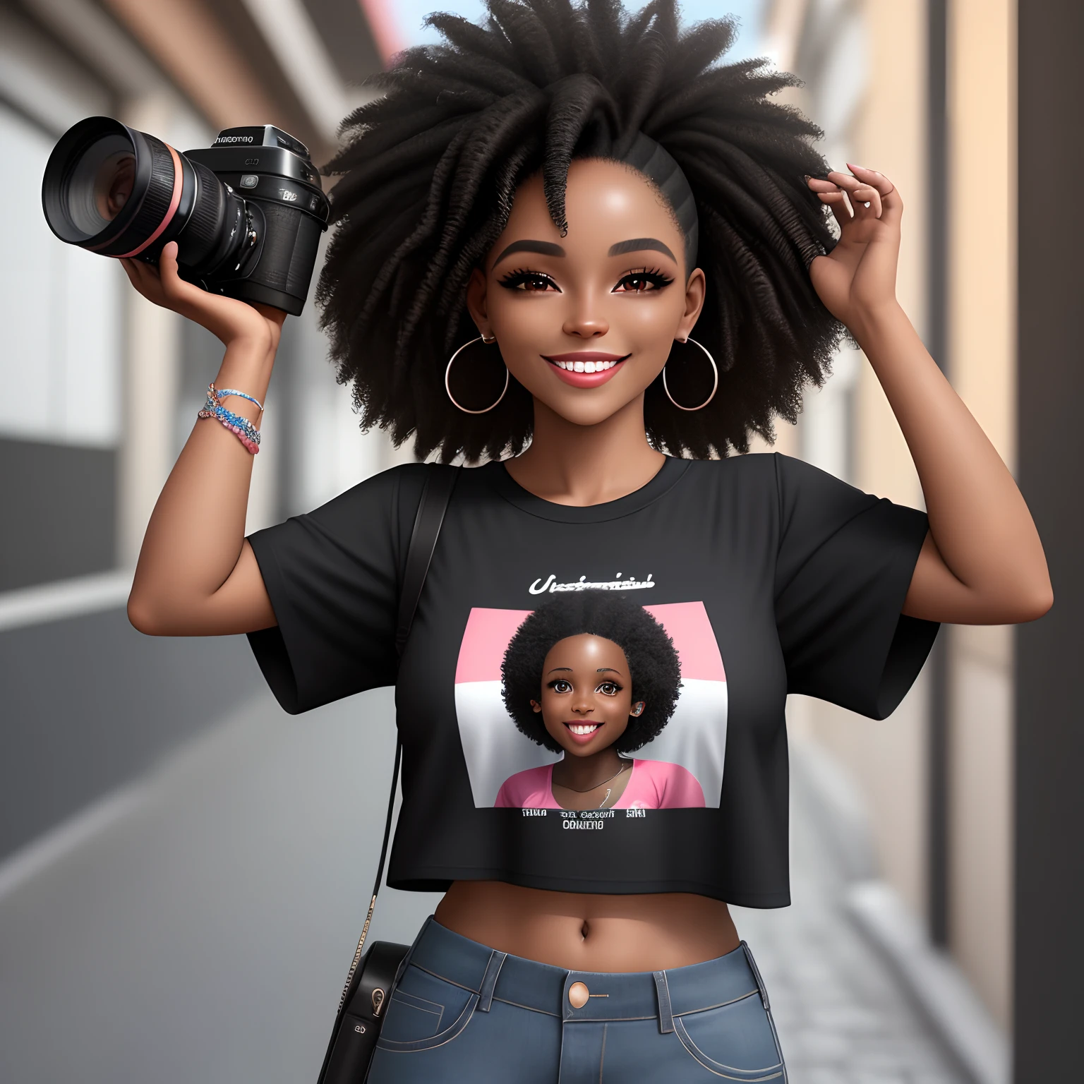 Mulher, negra, afro, photographer, realista, tatuagem no ombro esquerdo, camera in hand, olhos castanhos escuro, cabelo preto, grande, comprido, longo, cacheado, Flowing, black pant, blusa rosa, nitidez, realista, sorrindo, sorriso contagiante, 3d, sozinha, Holding a camera, preta,