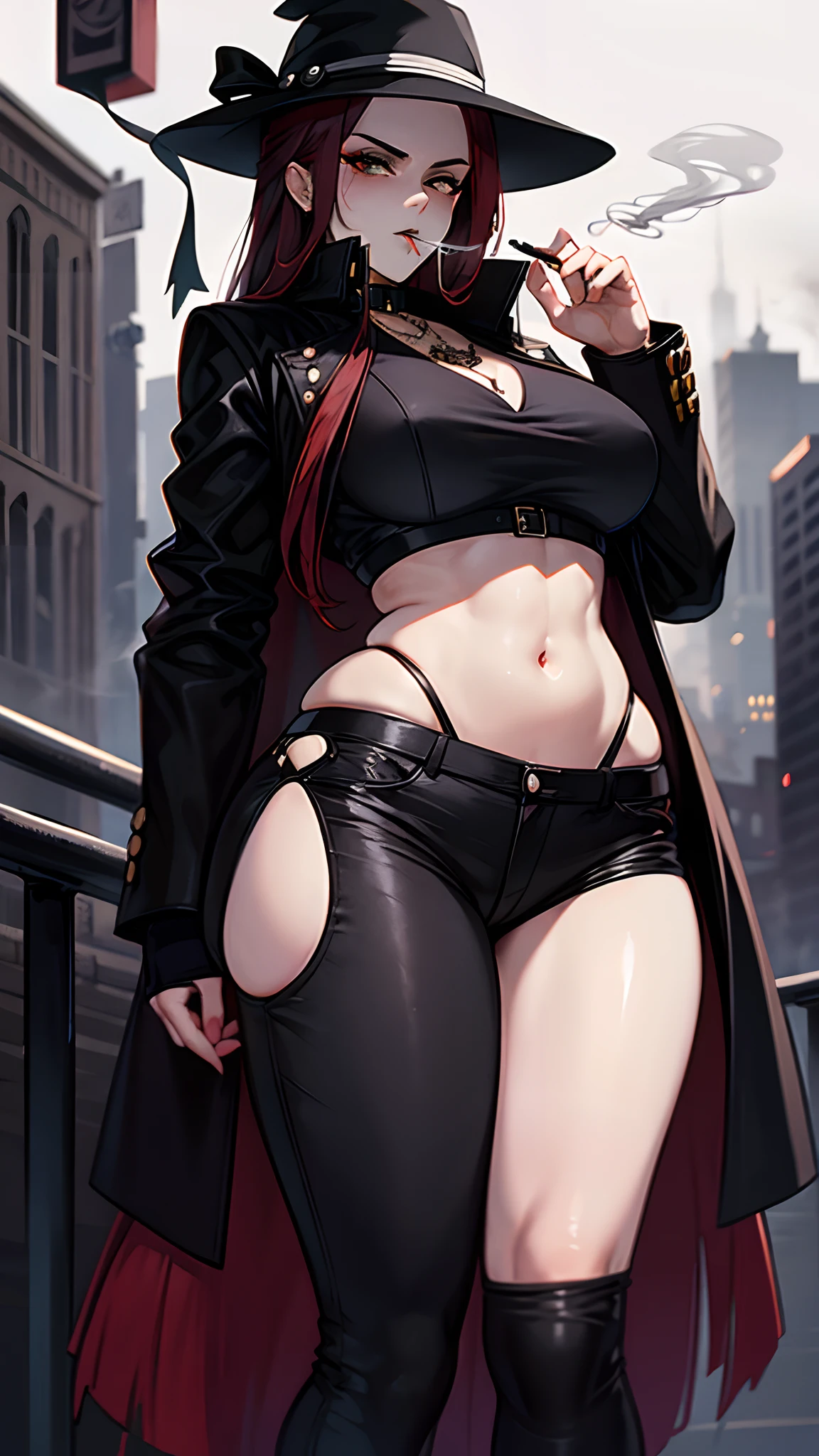 Girl, wide hips, black jacket, black pants, black hat, Mafioso, cigarette in your mouth, long red hair, Jojo style, Smoke Around, city backdrop, black and white background,