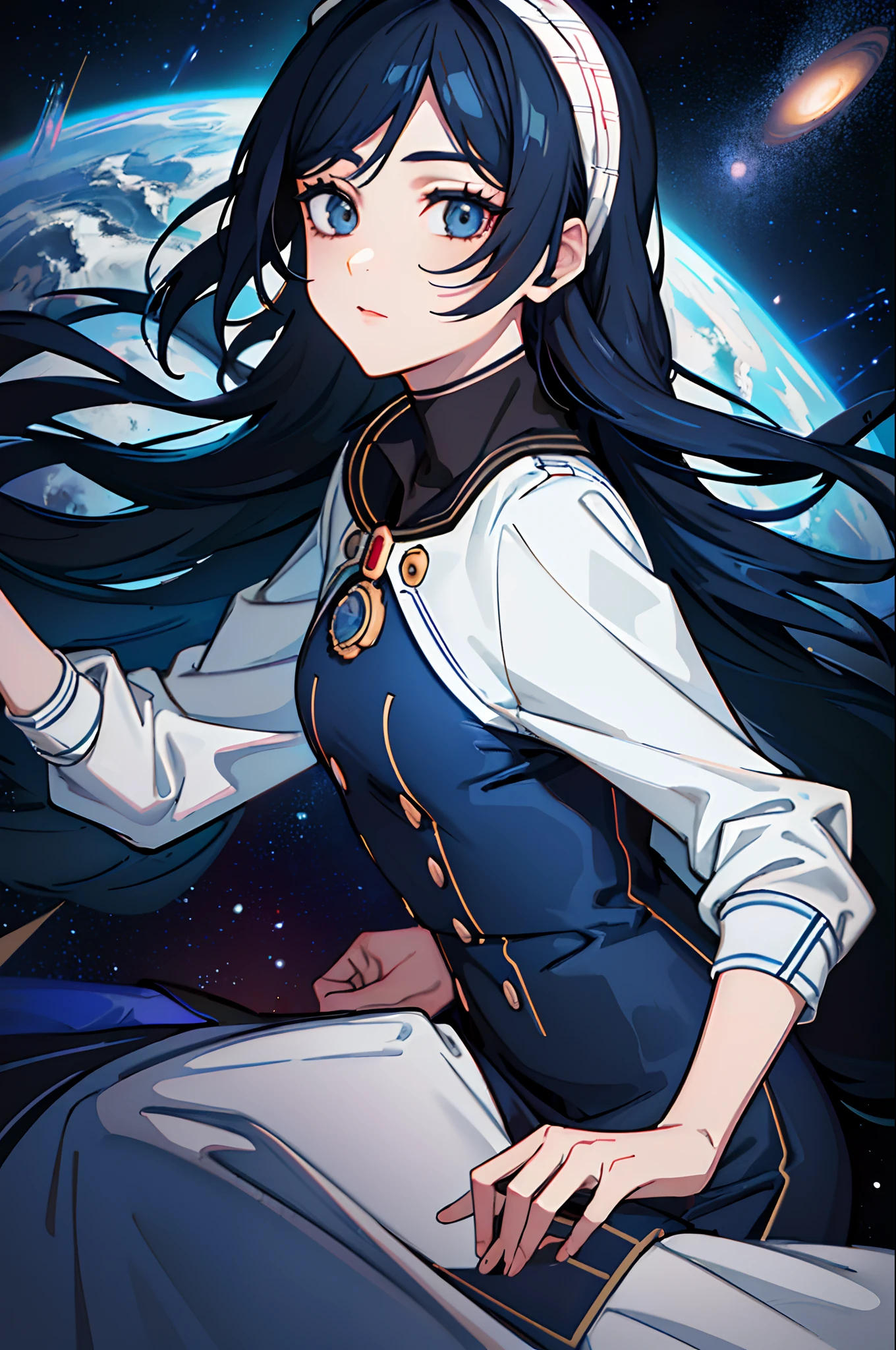 best quality, (masterpiece), Ultra-detailed, (novel illustration:1.2), (korean webtoon style:1.2), (bold line), (highres:1.2), dramatic light, 1girl, observatory, looking at space through long Telescope, space, planets, falling stars, light lines among planets, looking above, beutiful face, cogwheels