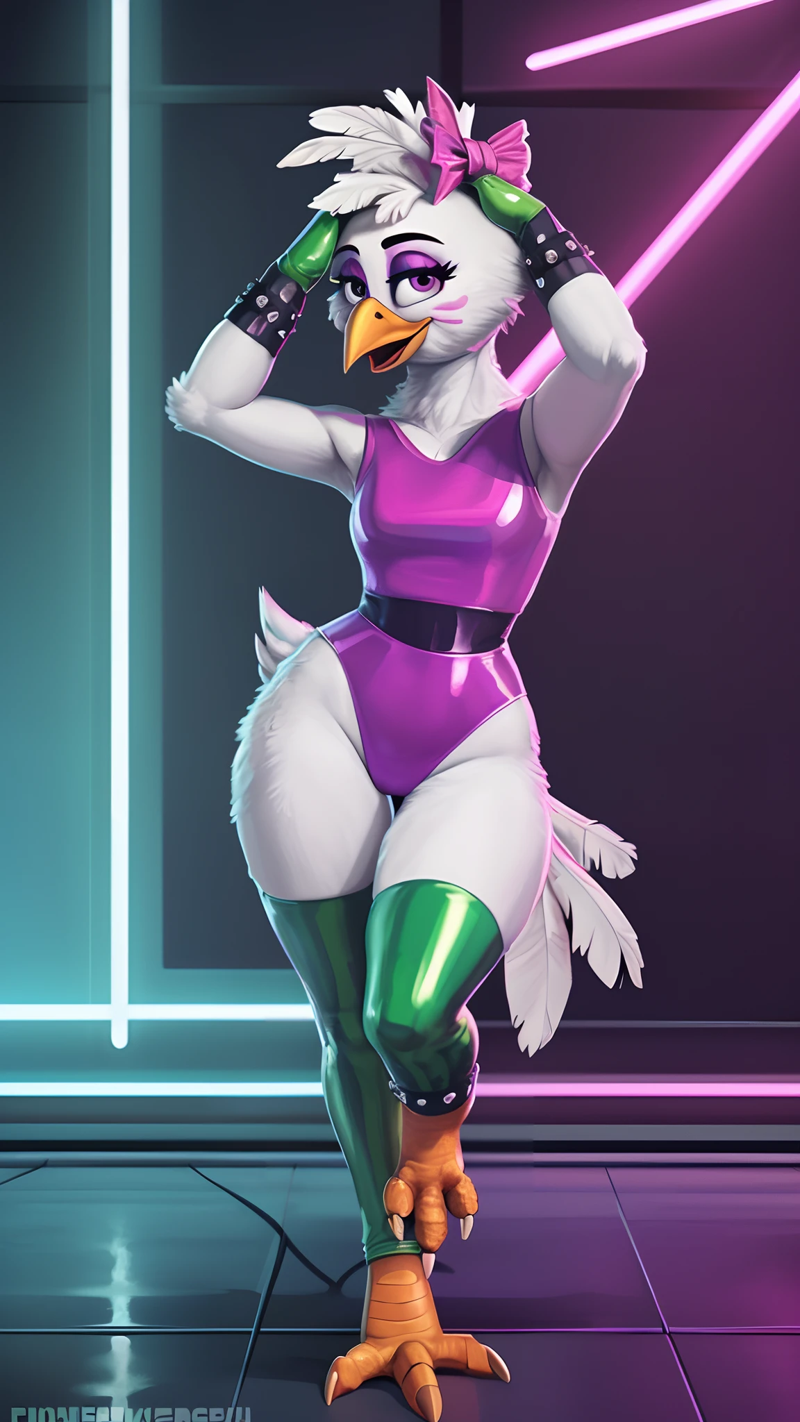 [glamrockchica], [FNAF:_Security_Breach], [Uploaded to e621.net; (Foxovh), (Pixelsketcher), (mayosplash], ((masterpiece)), ((HD)), ((solo portrait)), ((front view)), ((furry; anthro chicken girl)), ((detailed feathers)), ((detailed shading)), ((beautiful render art)), {anthro chicken; white feathers, (white feather tail), (orange talon feet), (yellow beak), purple eyes, black pupils, (tied-up hair with pink bow), small boobs, (beautiful legs), (camel toe), (excited smile), (mouth open)}, {(pink latex leotard), (green fingerless gloves), (green latex tiger-striped bracers), (green legwear), (two different color legwear on each leg)}, {(walking), (hands on head), (looking at viewer)}, [background; (dance studio), (bright neon lights)]