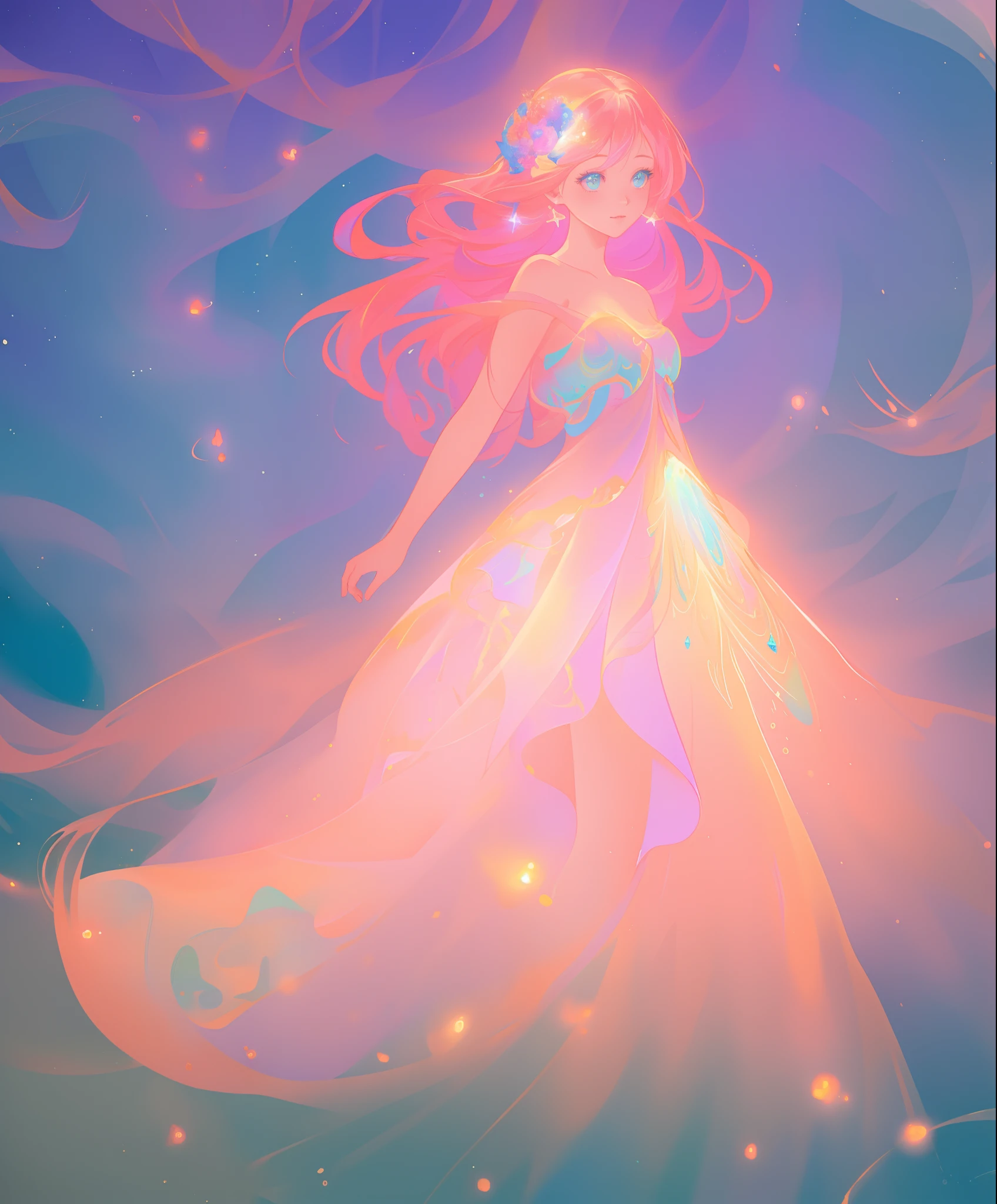 beautiful girl, ((puffy shimmering multi-layered ballgown)), vibrant pastel colors, (colorful), long flowing hair, magical lights, sparkling magical liquid, inspired by Glen Keane, inspired by Lois van Baarle, disney art style, by Lois van Baarle, glowing aura around her, by Glen Keane, jen bartel, glowing lights! digital painting, flowing glowing hair, glowing flowing hair, beautiful digital illustration, fantasia background, whimsical, magical, fantasy, ((masterpiece, best quality)), intricate details, highly detailed, sharp focus, 8k resolution, sparkling detailed eyes, liquid watercolor