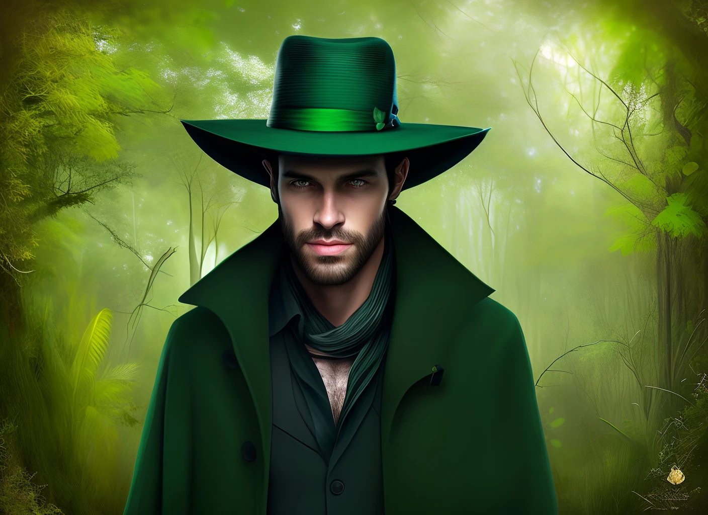 Realistic handsome man with black hat, capa preta e verde na floresta a noite