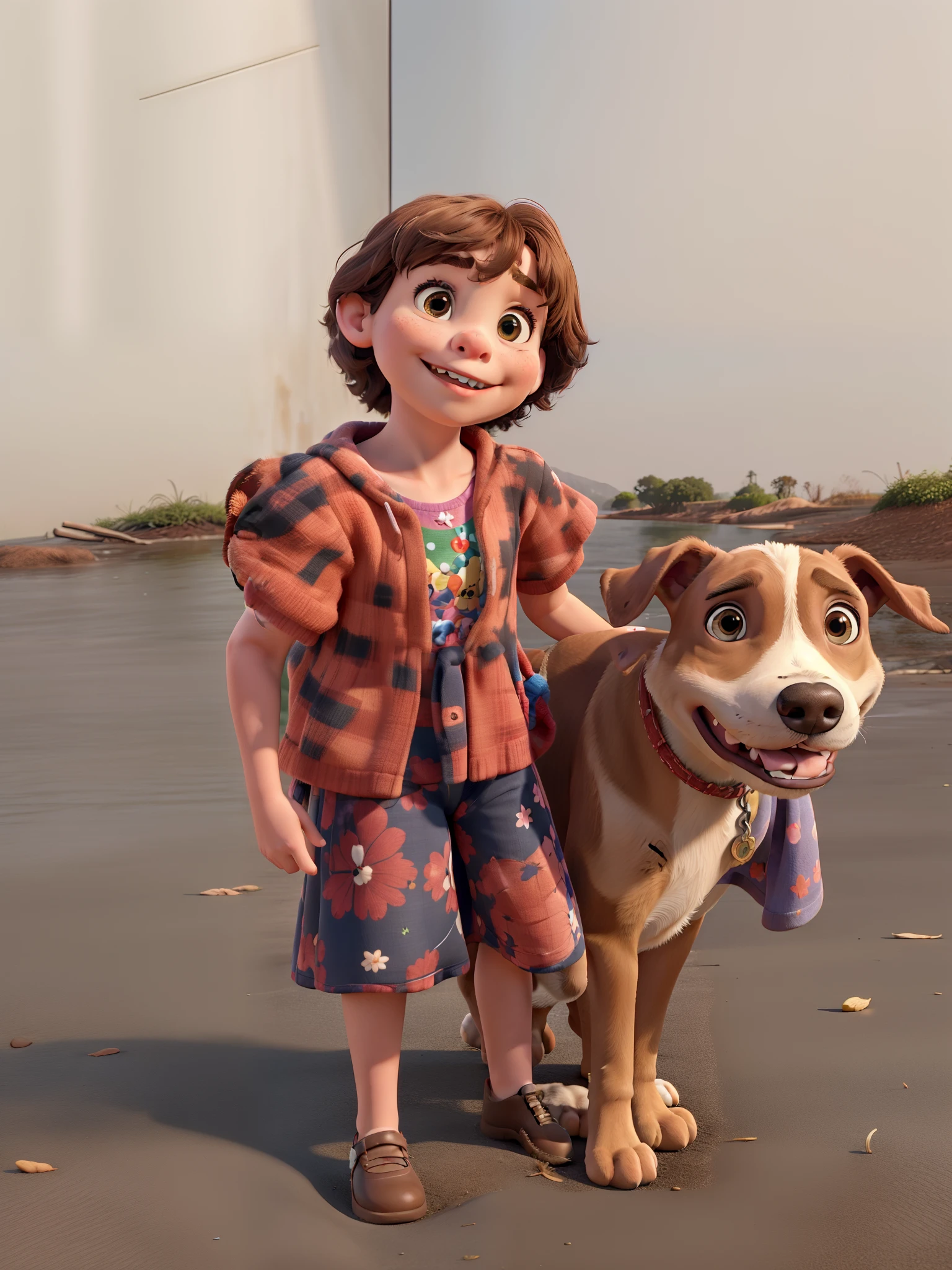 A child girl with her pitbull dog Disney pixar style , alta qualidade, melhor qualidade