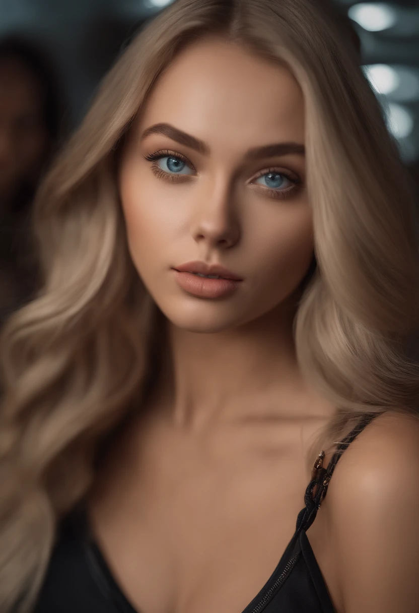 sexy girl with blue eyes, posing in club, best quality, ultra realistic, meticulously detailed, portrait sophie mudd, blonde hair and large eyes, selfie of a young woman, violet myers, without makeup, natural makeup, looking directly at the camera, face with artgram, subtle makeup, stunning full body shot standing in a club, club, large size bust