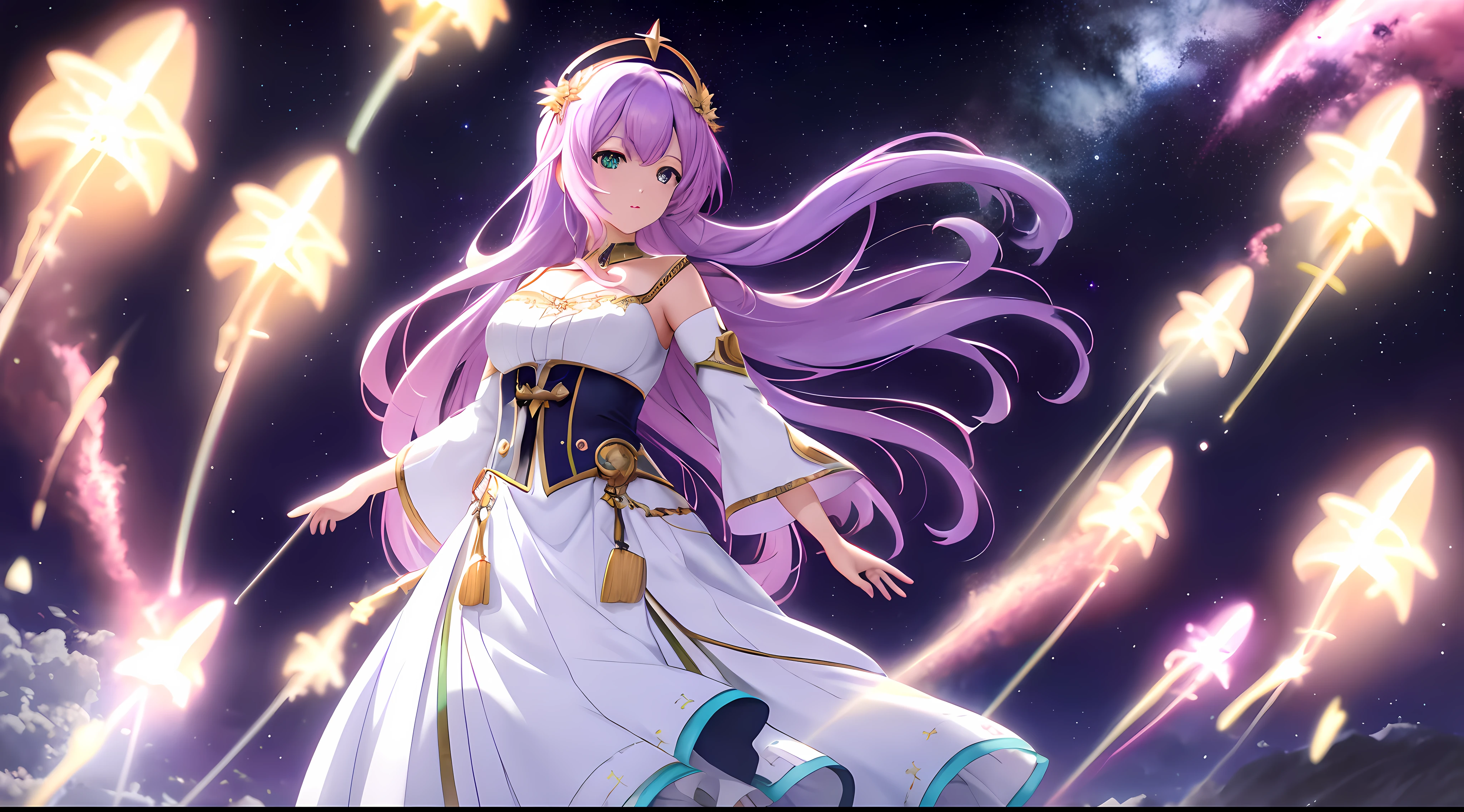Athena with plain long light purple hair,hair between eyes,green eyes,rosy cheeks,full lips,thin eyebrows,slender body,wearing dark mantle adorned with shimmering stars and moons and full long skirt,cute anime girl,full body,desert night sky nebulae and stars in background,anime style,Lumen Reflections,Screen Space Reflections,Diffraction Grading,Chromatic Aberration,GB Displacement,Scan Lines,Ray Traced,Anti-Aliasing,FXAA,TXAA,RTX,SSAO,Shaders,OpenGL-Shaders, GLSL-Shaders,Post Processing,Post-Production,cell Shading,Tone Mapping,CGI,VFX,SFX,insanely detailed and intricate, 4K,standing, solo, masterpiece, best quality, detailed face, detailed eyes, highres, standing, solo,masterpiece, best quality