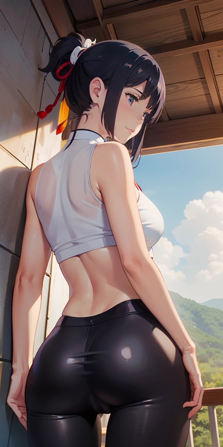 miyamizu_mitsuha, red bowtie,
jewelry, white yoga crop top, white yoga tight shorts, hands on chest,see-through, looking at viewer,  hair ornament, choker, shy,
(masterpiece, top quality, best quality, official art, beautiful and aesthetic:1.2), (1 girl), extreme detailed,  colorful, highest detailed,
(huge breasts:1.2, upper body, from below,  cameltoe,  ) white panties,
china city,street,  sun, cloud, wall, leaning back ward,butt to camera, leather legging, back view, bend over, hold on to the wall