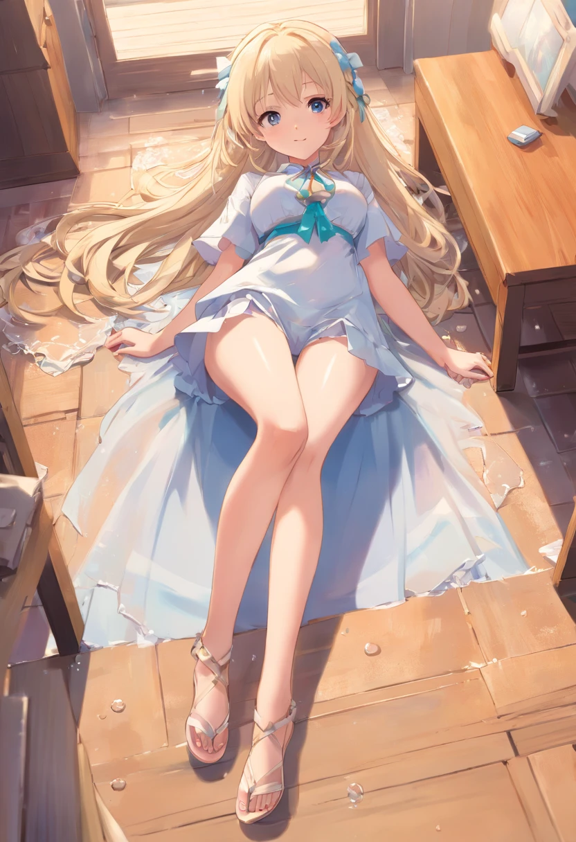 loli bonito，long, whitish hair，ombros vazados，barefoot，head looking up，Lie down on the floor，Lift your feet，Vestido transparente revela calcinha de lingerie branca，olhos grandes，Anime cara bonito，Loli，meias brancas longas，Wet da，Enorme teto，It has by the sea，praia de areia，Gaivotas，Olhe para cima e core