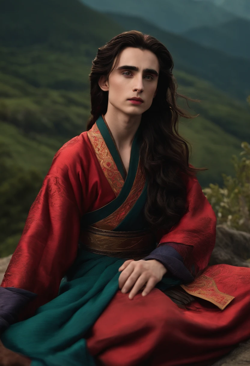 timothee chalamet dressed as mulan with long hair and face makeup