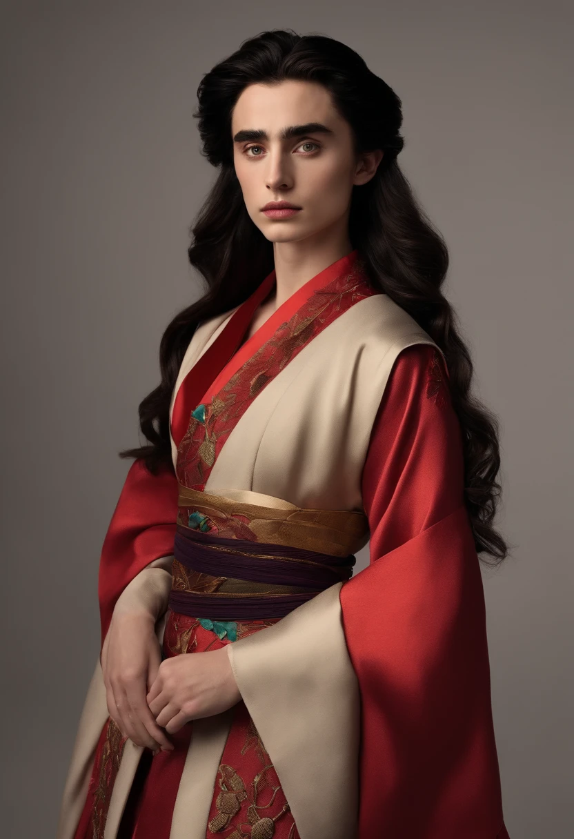 timothee chalamet dressed as mulan with long hair and face makeup