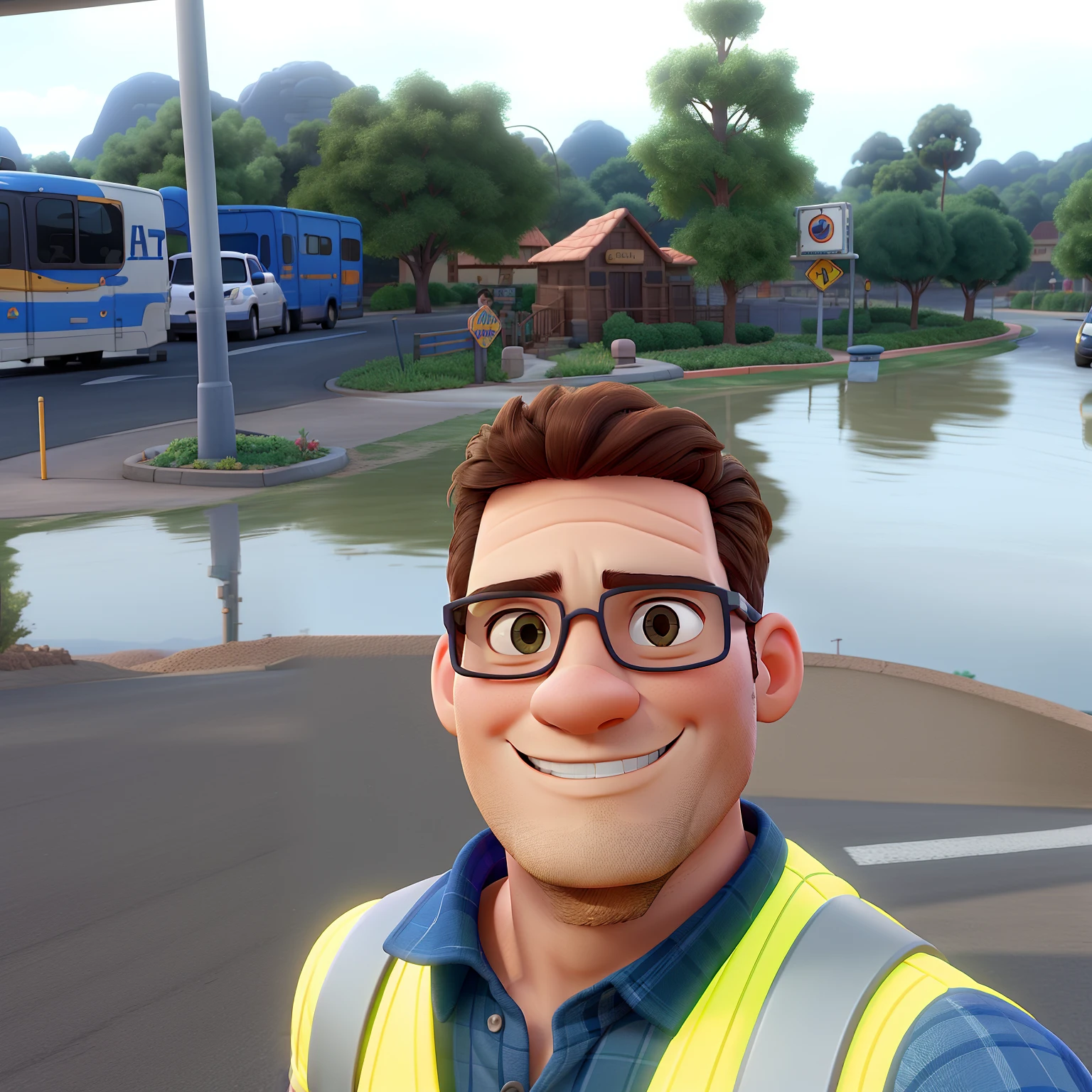 A Man in Disney Pixar Style Glasses, alta qualidade, With traffic sign vest is happy and radiant, cabelo penteado castanho escuro com gel