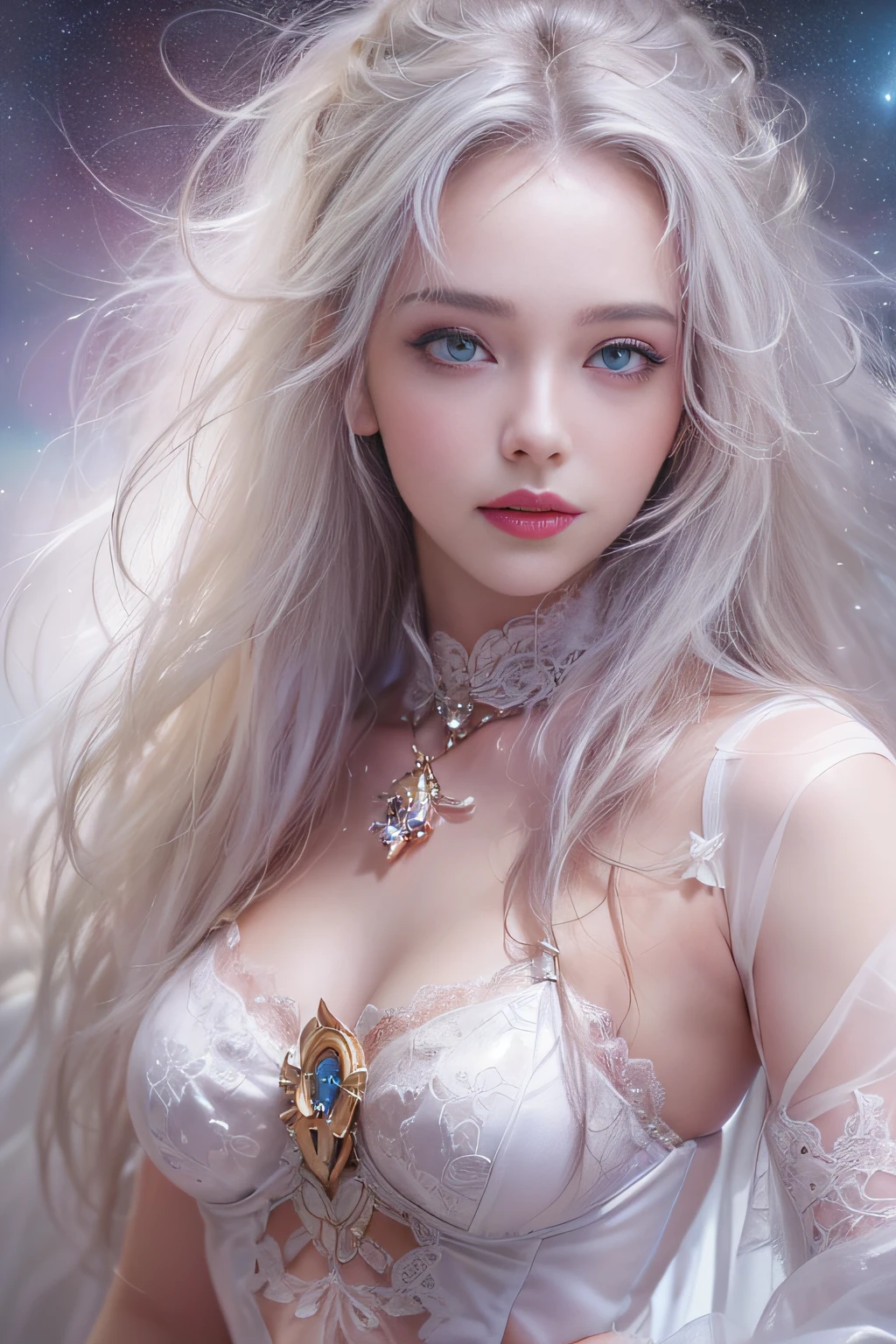 ((tmasterpiece:1.4)、(top-quality:1.4)、(reallistic:1.7))、By Luis Royo（By Luis Royo）Surreal portrait of a beautiful girl、Super beautiful girl、((1girl in:1.4))、Shiny natural skin texture、Authors：By Luis Royo（By Luis Royo）、age19、(Two arms:1.4、Two legs:1.4)、(perfect anatomia:1.4)、(Perfect female body:1.4)、Portrait photo of a girl、Close-up photos、Full body shooting、((masutepiece:1.4), (of the highest quality:1.4), (Realistic:1.7), By Luis Royo, Beautiful Girl, Super beautiful girl, ((1girl in:1. 4), Shiny natural skin texture, Authors: By Luis Royo, 19 years old, (Perfect female body: 1.4), (Perfect female body: 1.) 4), Portrait photo of a girl, Close-up photos, （Full body photo）, Fantasy Art, Soft front light, Beautiful expression, Kawaii face, Beautiful breasts, Large Full Breasted: 1. 2, Beautiful buttocks, Fine eyes, Clear and eye-catching, beautiful and alluring, Beautiful eyes, thin waist, Raw photo, Red lips, ((White hair, Long hair)) , 1 Screen View, ((Woman on all fours on silk bed)), (sexyposture), (the milky way in the sky),((T-back panties))、((White garters and garter belts))、(A smile),((posterior view))、((Looks Back))、((Vaginal orchids)）、((erection)）