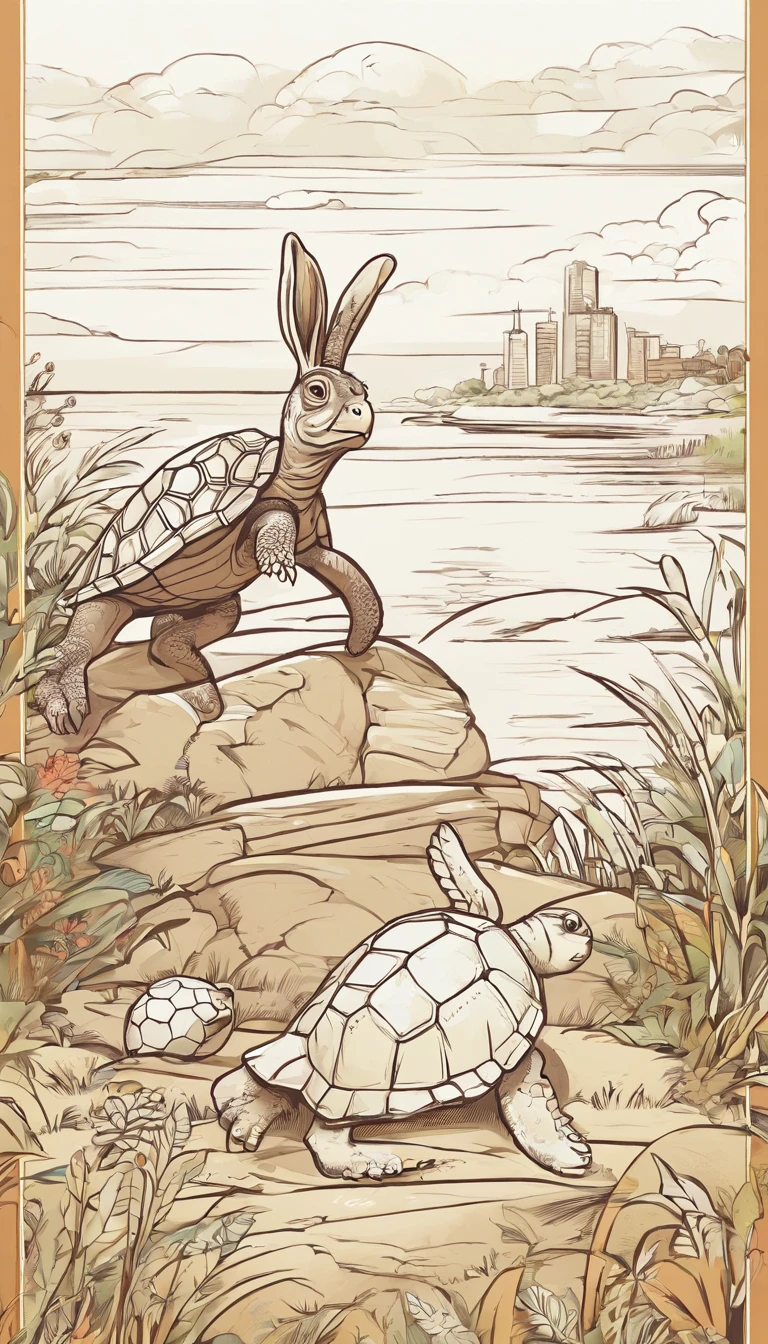 A commercial illustration with a good part in black, branco e verde-claro, In the middle of it is a turtle and a light brown rabbit just behind highlighted on an athletics track, e muito peludo, excelling in the race due to the tortoise being in front of the hare. The turtle finds itself getting closer and closer to the finish line. The turtle has a focused look and the rabbit is distracted by the scenery. The athletics track is located near the Christ the Redeemer and the Maracanã, The whole scenario has light colors without much prominence, estilo bem rustico. The top of the hill is portrayed in a natural way, com uma pista de atletismo em destaque. The image should have a natural style with fine strokes and neutral colors, A touch of manga. A tartaruga e o coelho devem ser retratados em detalhes, with their expressions demonstrating the willpower of the tortoise and the despondency of the hare. A imagem deve ser em preto e branco com alta qualidade, with a pencil and ink caricature drawing style, com cores neutras e leves. Make sure that the turtle is beating the rabbit in extremely realistic ways, but not artificial, symbolizing happiness and hope in the face of life's challenges.", 16k