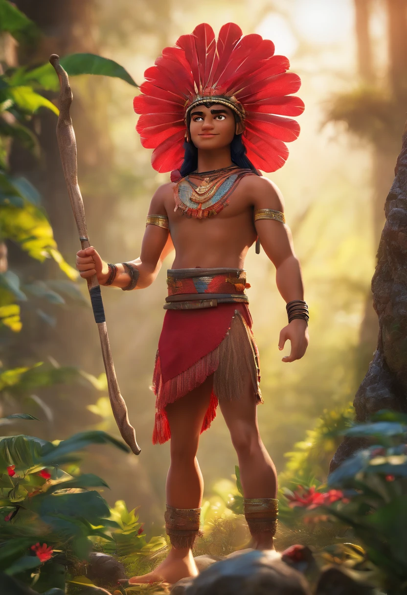 qualidade de imagem do filme,Disney Animation Style,An Indian boy in a red headdress in the forest with his bow pointing at the invader, tomando banho na cachoeira, cabelo preto curtinho liso e detalhado,peitoral nu, genitalia floss,bare feet,profundidade de floresta,Feixe alto,Luz Real,Traching de raias,OC rendering,hyper-realistic,melhor qualidade,8k,Obras de mestres,super-fino,Correct anatomy of defined muscles ,sharp focus on eyes,Bokeh,Facial features are carefully described, red scenery, Sambadrome